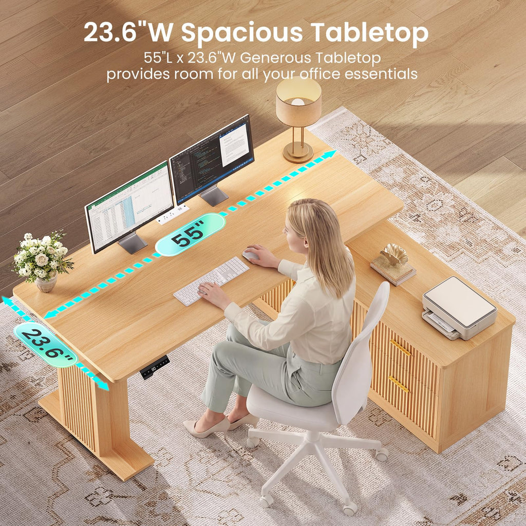 L Shaped Electric Standing Desk, 55 inch Height Adjustable Office Executive Desk with Storage Drawers, Fluted Sit Stand Corner Computer Desk with Power Outlets for Home Office, Oak