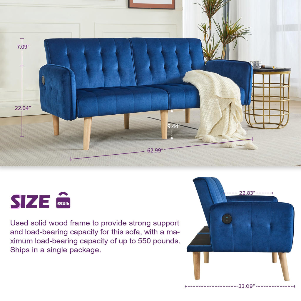 62.99" W Velvet Modern Convertible Folding Futon Couch Sofa Bed w/ 2 USB Charging Ports for Compact Living Space, Small Couches for Office, Dorm, RV Room, Apartment, Bedroom (Navy Blue)
