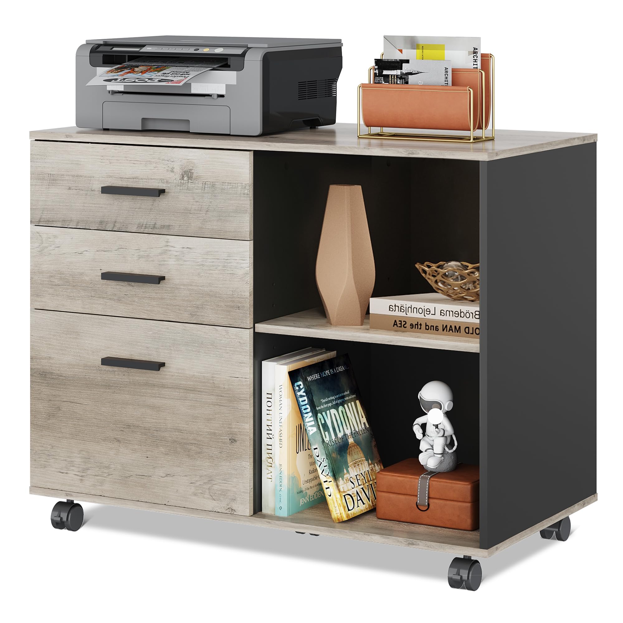 3-Drawer Mobile File Cabinet, Lateral Filing Cabinet, Greige