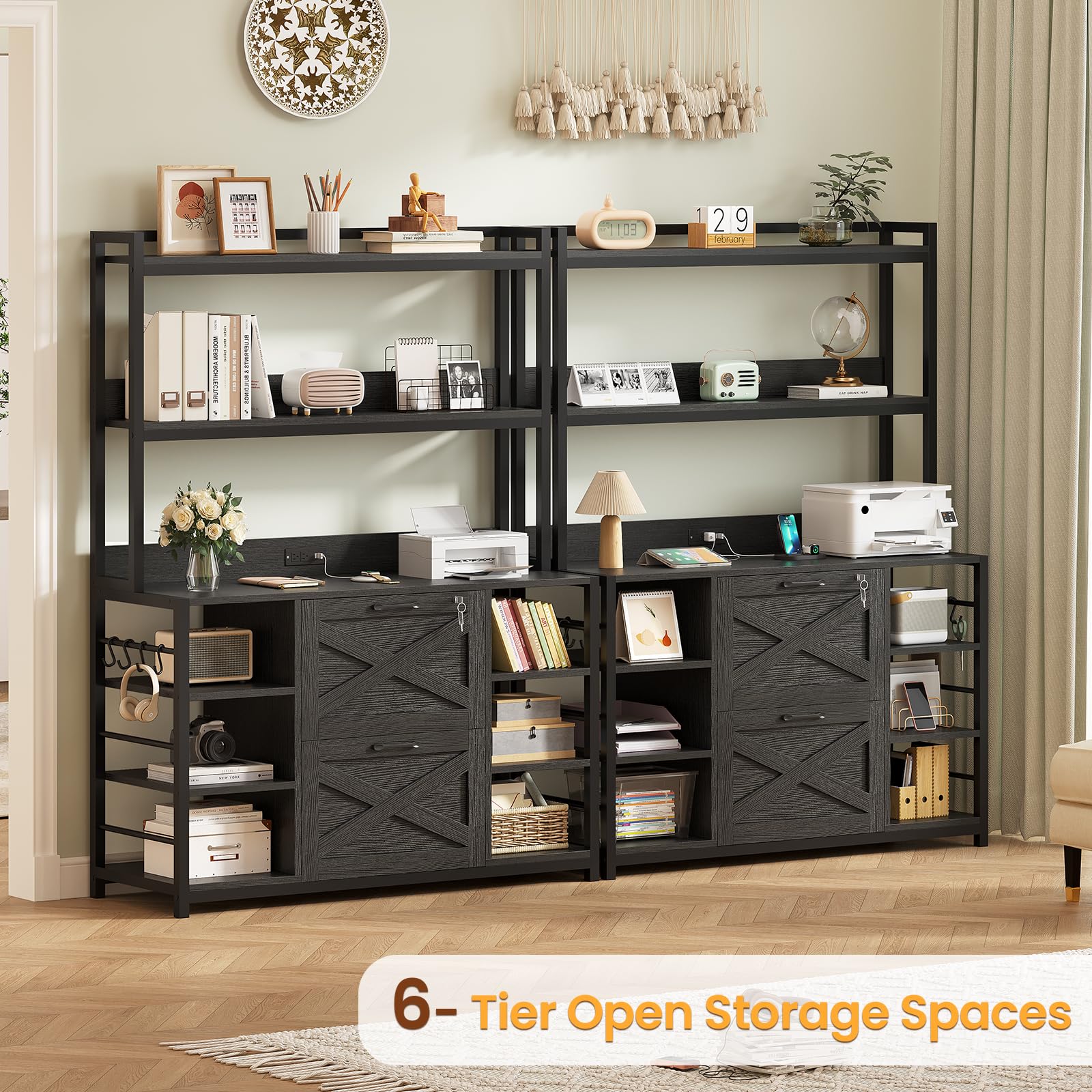 File Cabinet with Charging Station, Vertical Filing Cabinet with Lock for Home Office, Printer Stand with Open Storage Shelf, Fits Legal/Letter/A4 Size, Black