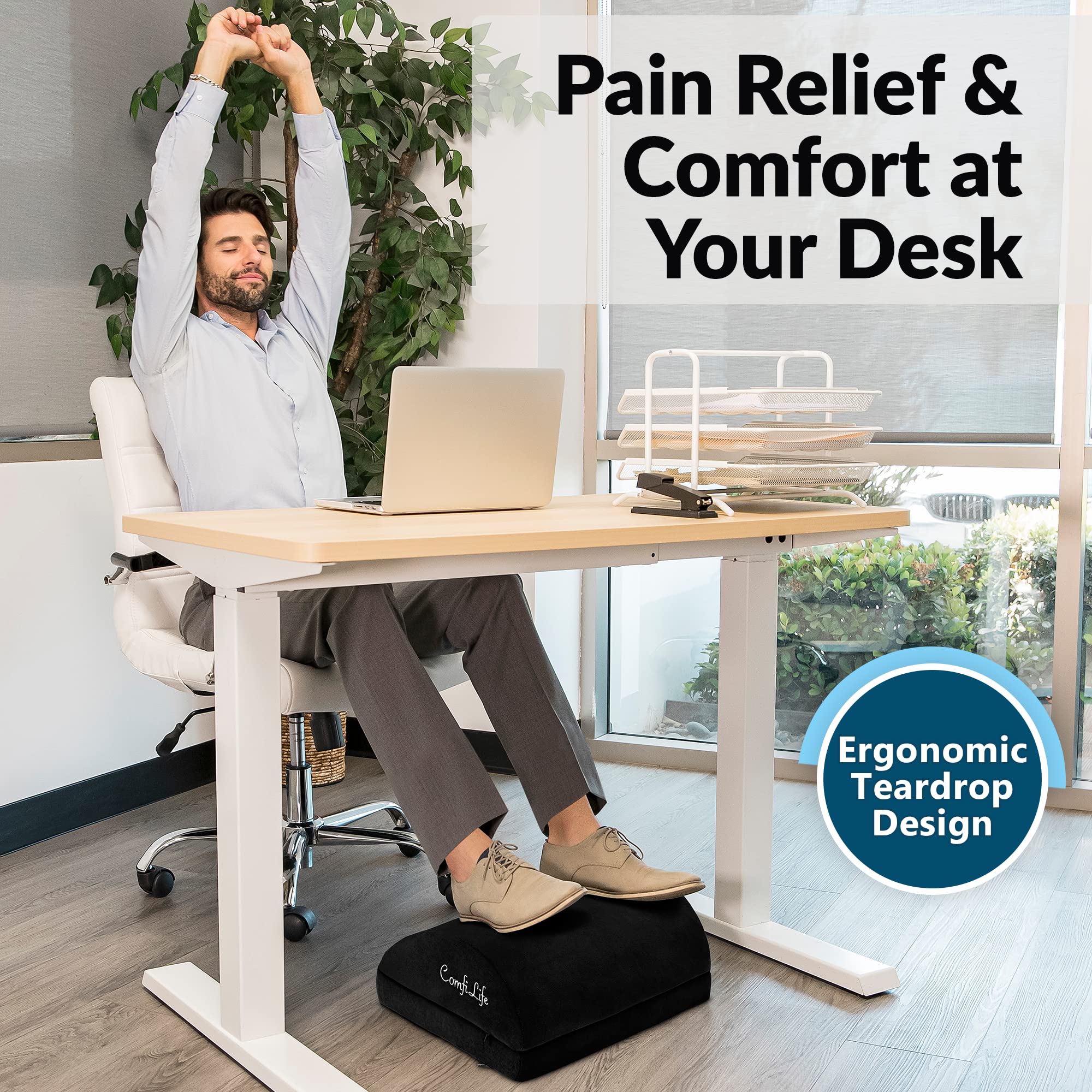 Foot Rest for Under Desk at Work – Adjustable Desk FootRest for Office Chair, Gaming Accessories – Ergonomic Teardrop Design for Back, Hip & Leg Pain Relief – 100% Memory Foam (Black)
