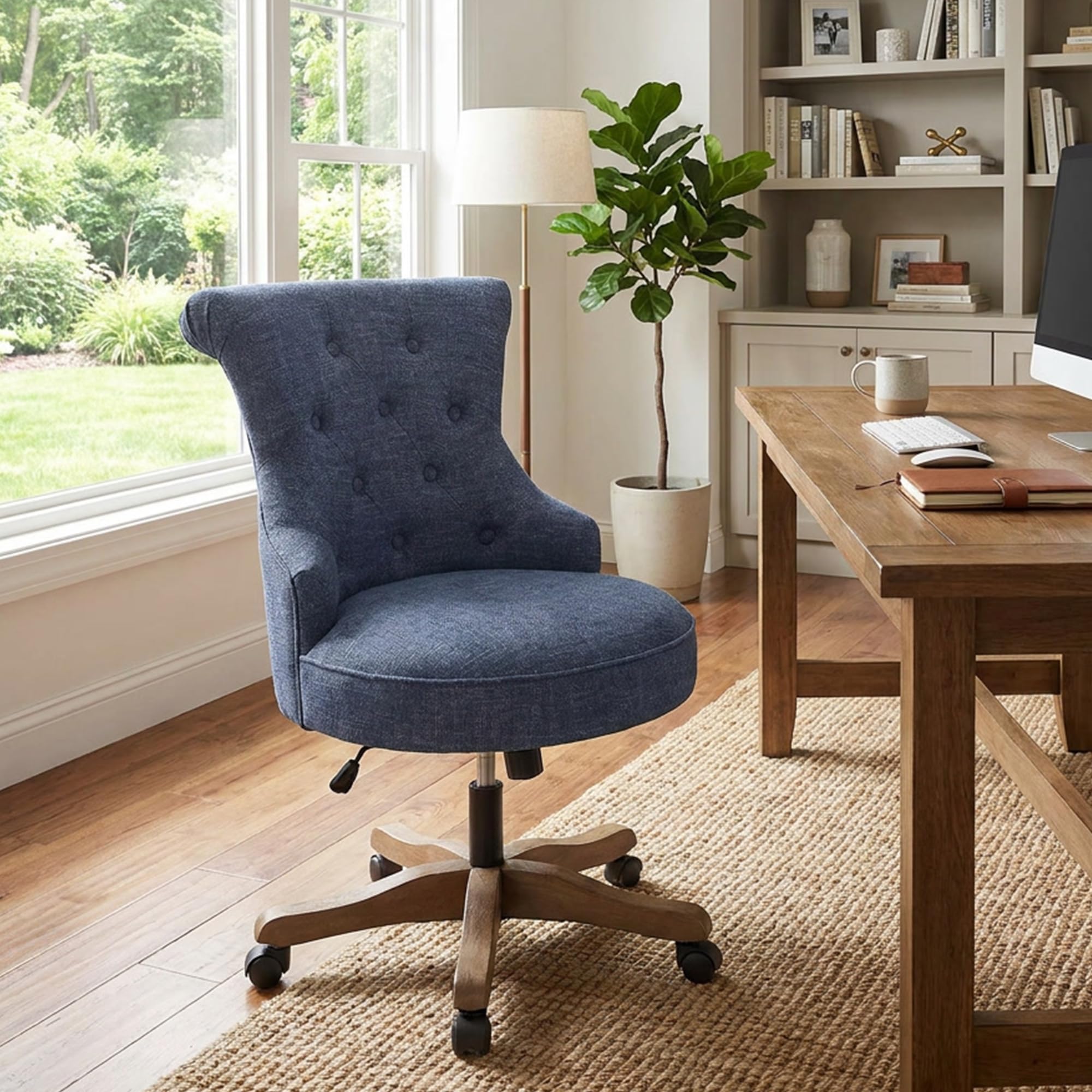 Home Office Chair Upholstered Armless Desk Chair with Wheels Adjustable Height Computer Desk Chair with Wooden Legs Linen Comfortable Swivel for Farmhouse Study Studio (Blue)