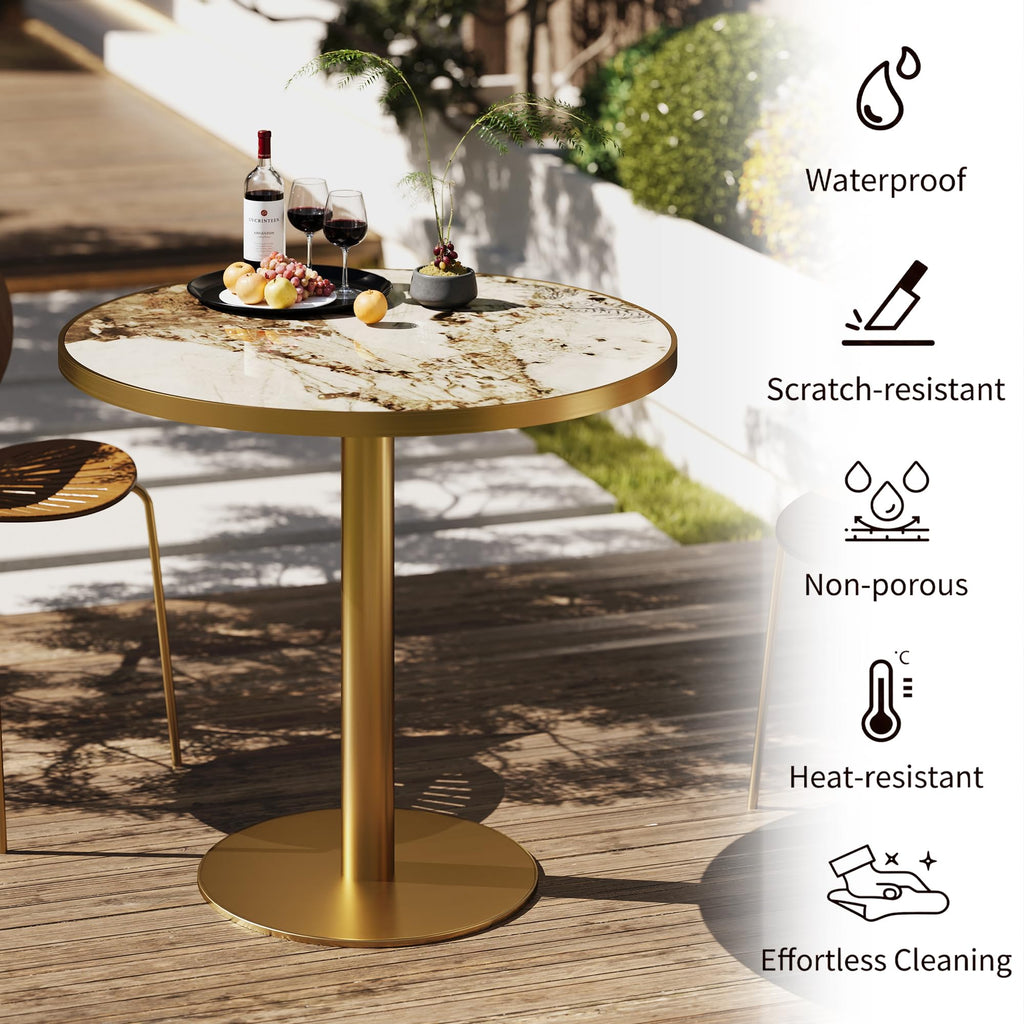 hausway 31.5" Tulip Table,Round Kitchen Dining Table for 2-4 with Thick Sintered Stone Top,Titanium Golden Pedestal Base,Heat-Resistant,Bistro Table for Dining Room,Café,Small Space（Cloud Amber）