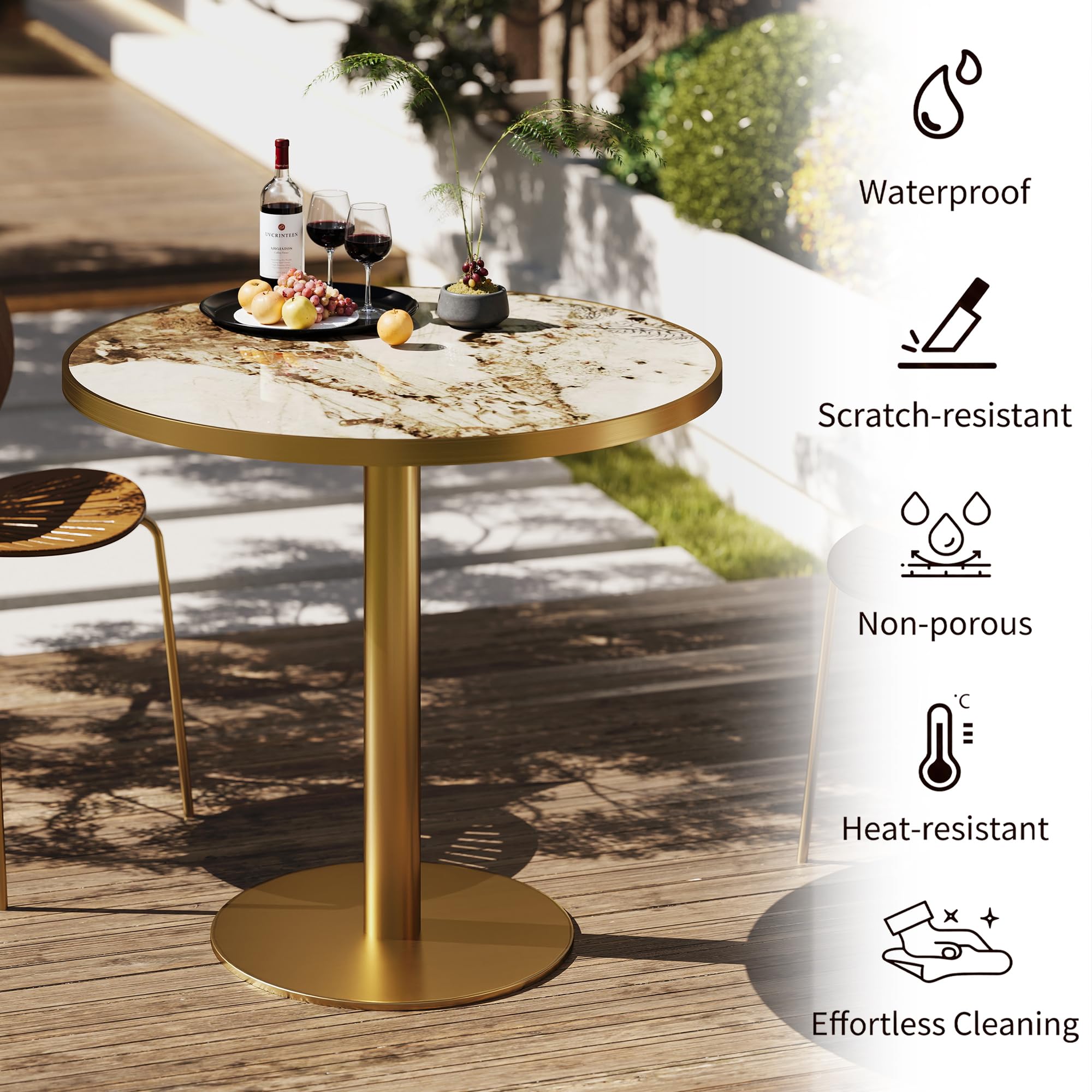 hausway 31.5" Tulip Table,Round Kitchen Dining Table for 2-4 with Thick Sintered Stone Top,Titanium Golden Pedestal Base,Heat-Resistant,Bistro Table for Dining Room,Café,Small Space（Dusk Strata）