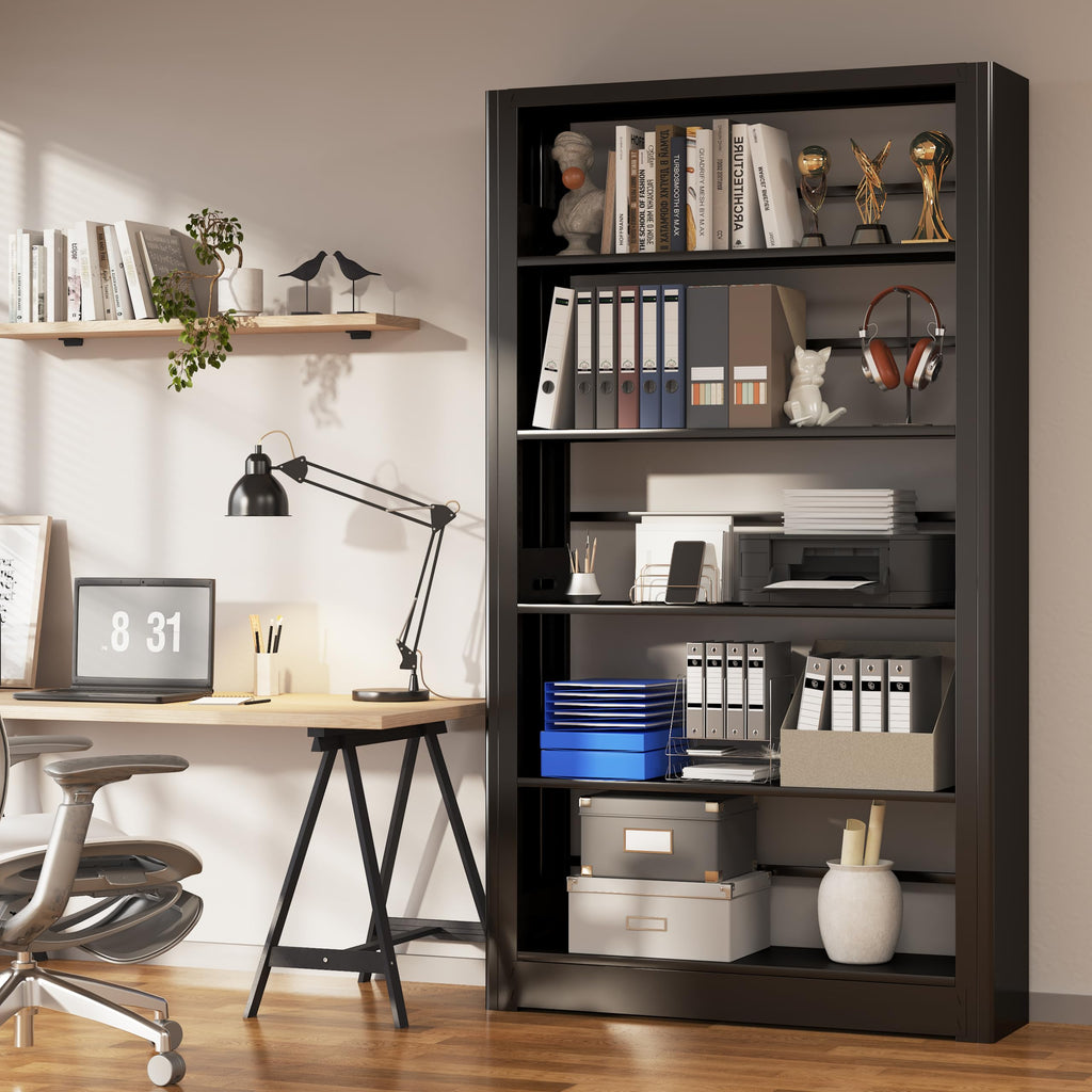69" Tall Bookshelf, 5 Tier Black Bookcase with Adjustable Shelves, Freestanding Large Open Book Shelf Etagere Bookcase for Bedroom, Library, Living Room, Office