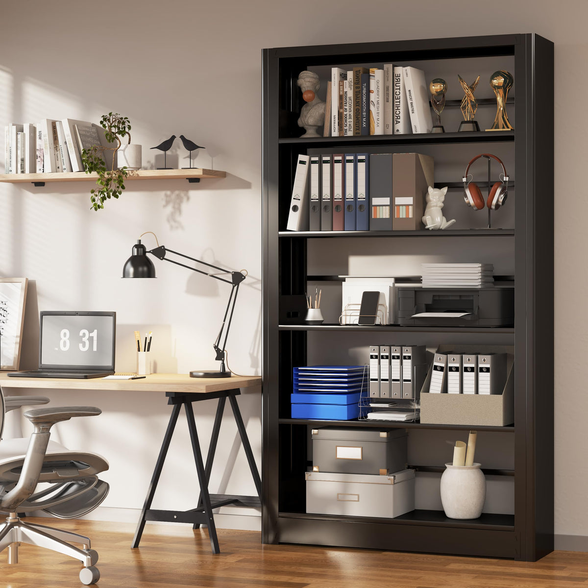 69" Tall Bookshelf, 5 Tier Black Bookcase with Adjustable Shelves, Freestanding Large Open Book Shelf Etagere Bookcase for Bedroom, Library, Living Room, Office