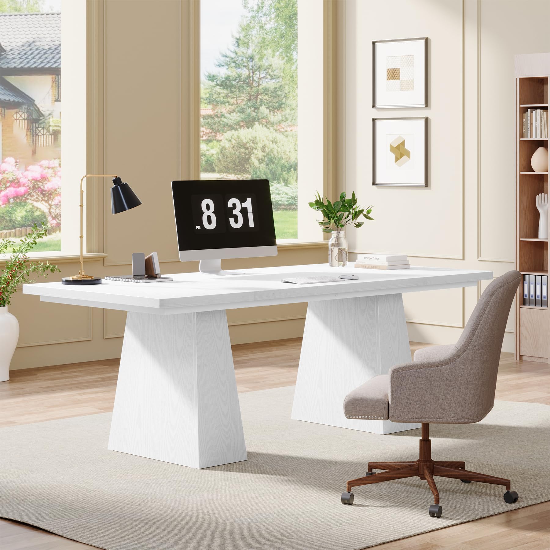 63-Inch Executive Desk, Large Office Computer Desk with Double Pedestal, Modern Simple Workstations Writing Table Conference Table Business Furniture for Home Office, White