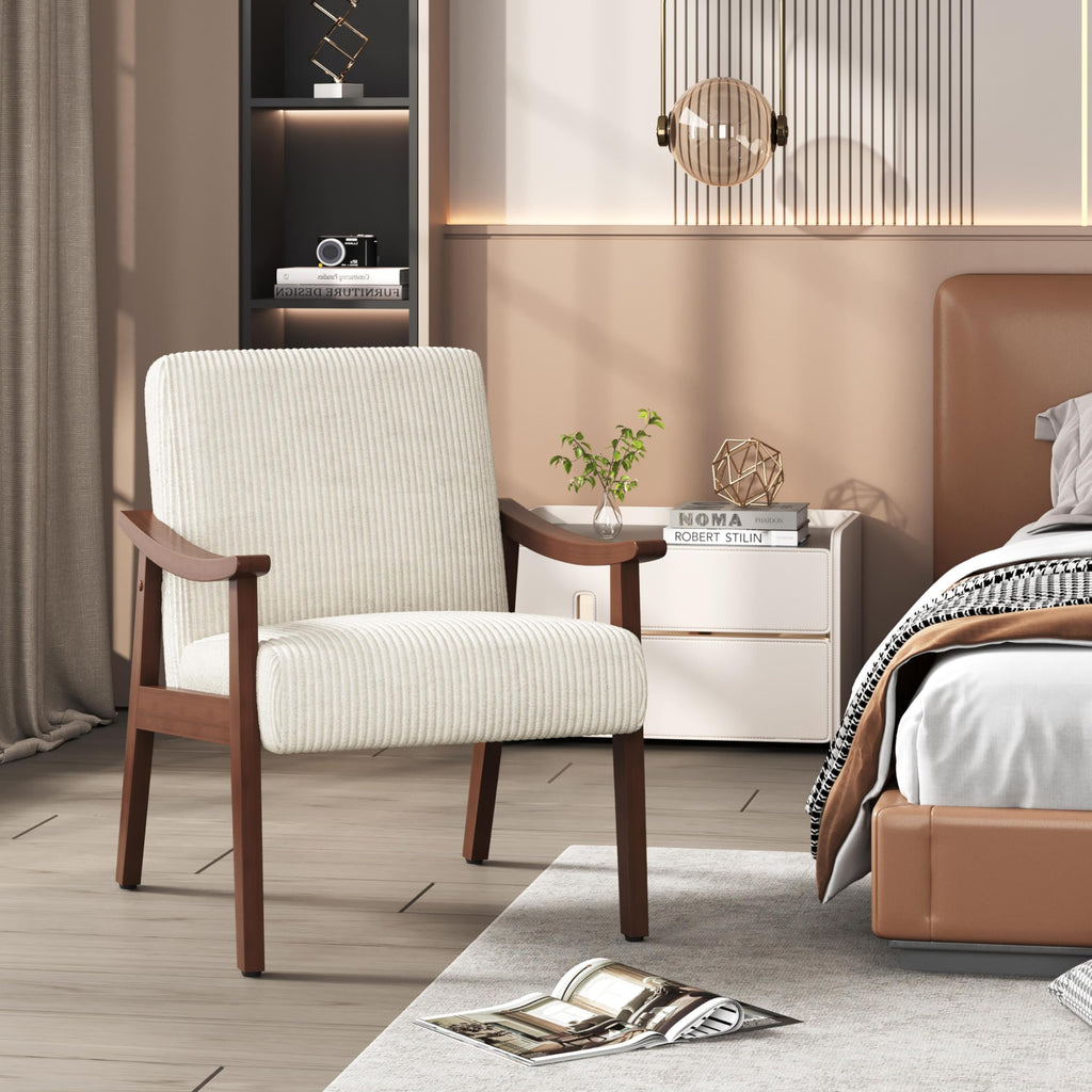 Corduroy Accent Chair, Mid-Century Modern Armchair with Solid Wood Legs, Reading Leisure Chair with High Back for Living Room Bedroom Waiting Room Beige