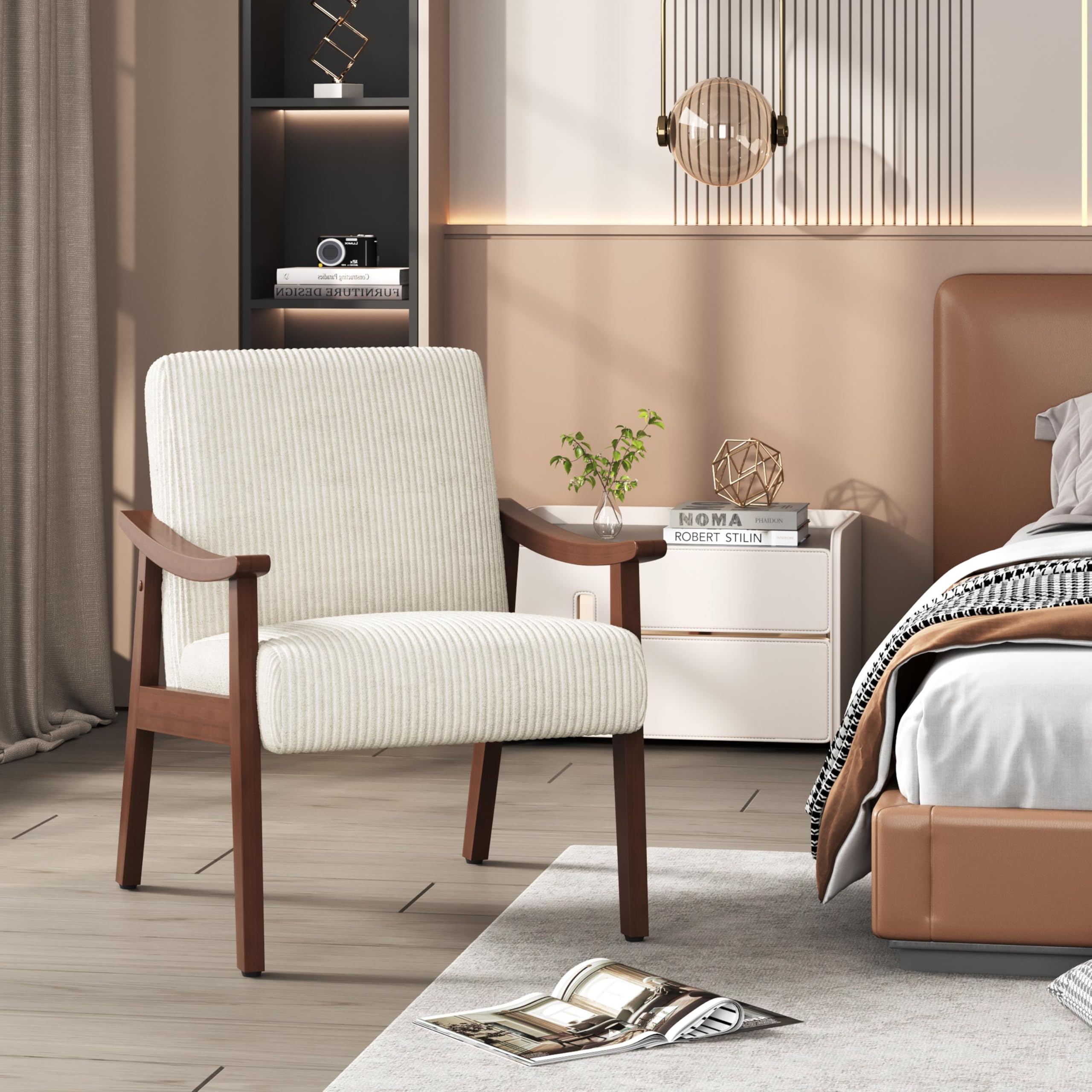 Corduroy Accent Chair, Mid-Century Modern Armchair with Solid Wood Legs, Reading Leisure Chair with High Back for Living Room Bedroom Waiting Room Beige