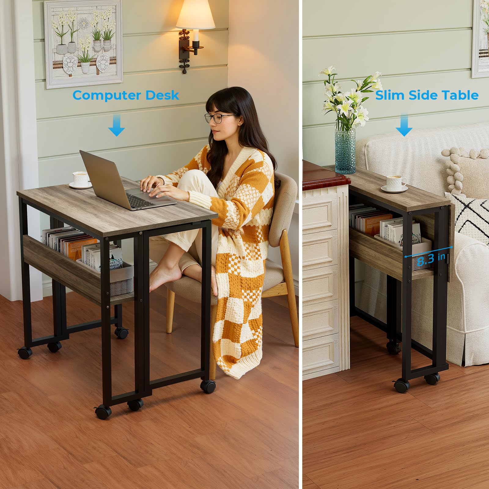Folding Desk with Wheels, 24.8 Inch Compact Rolling Computer Table with Storage Shelf, Portable Mobile Workstation for Small Spaces, Easy Assembly,Grey Wash