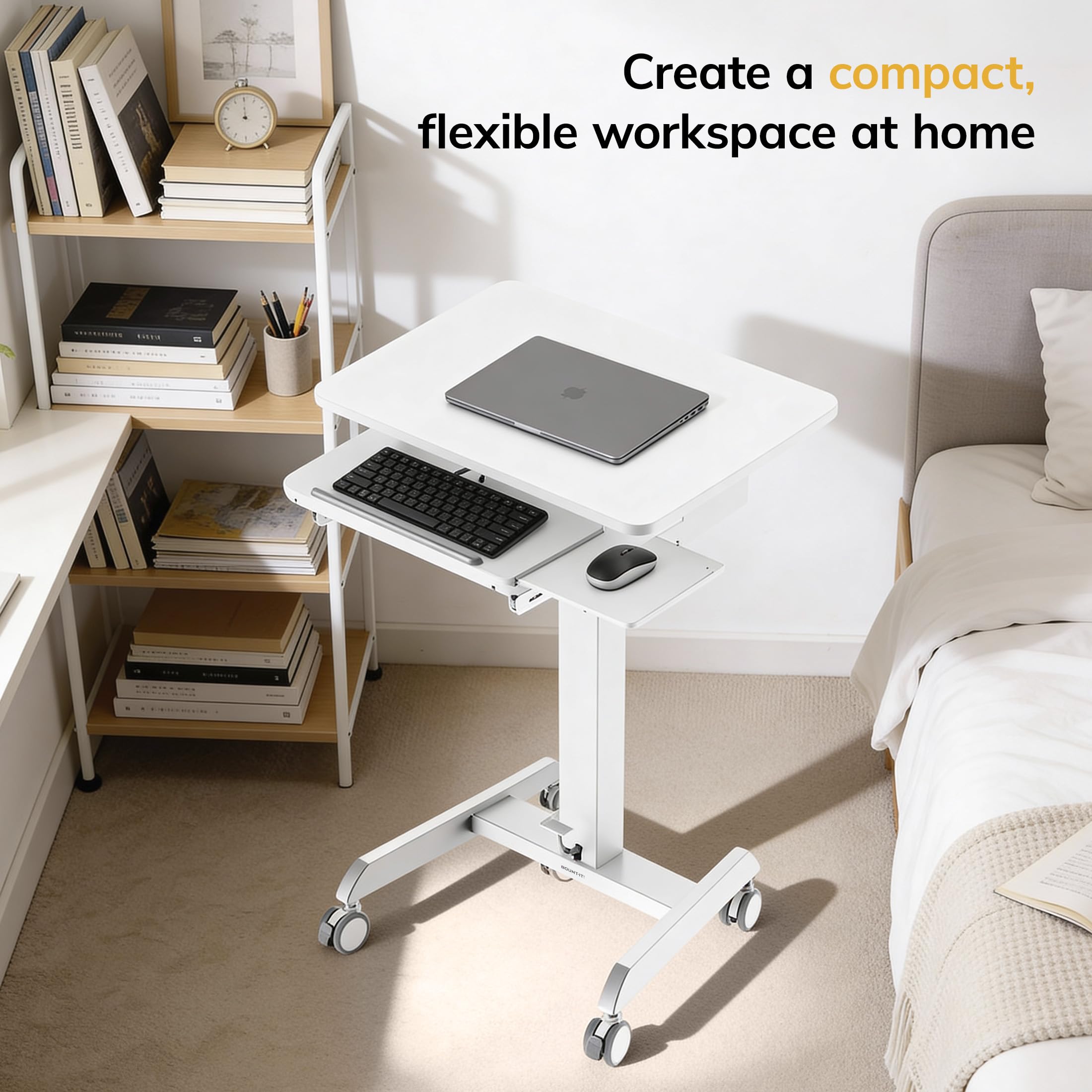 Height Adjustable Rolling Laptop Desk with Keyboard Tray, Mobile Sit-Stand Computer Cart with Wheels, Small Standing Desk for Home, Office, or Classroom, 23.6" x 20.5", White