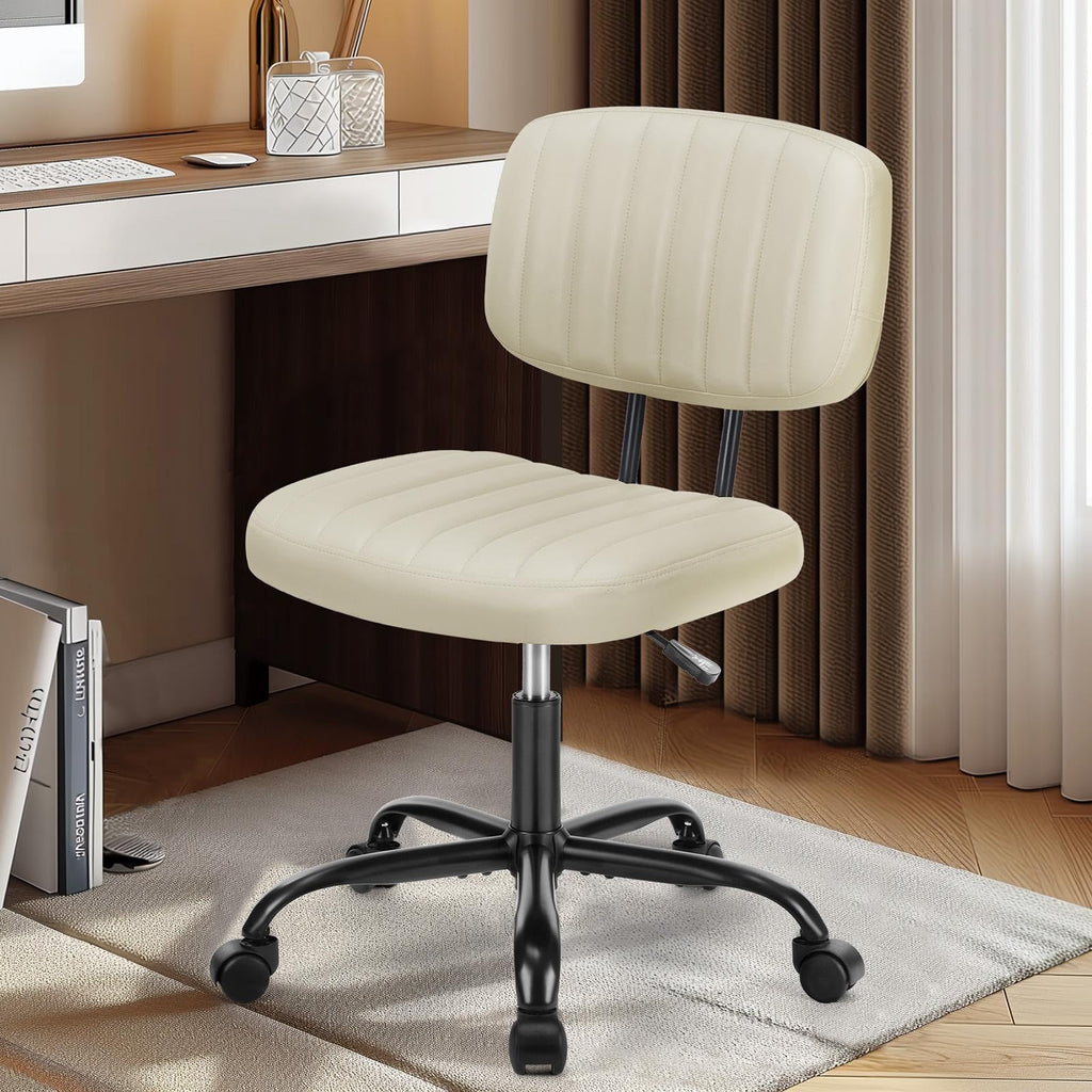 Armless Office Chair: Small Desk Chair with Low Back Lumbar Support, Height Adjustable PU Leather Computer Task with 360° Swivel Wheels, for Adults, Beige
