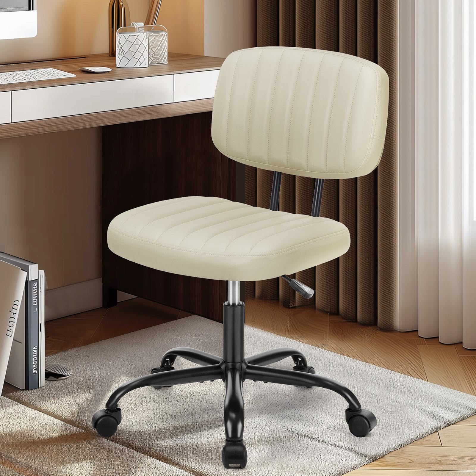 Armless Office Chair: Small Desk Chair with Low Back Lumbar Support, Height Adjustable PU Leather Computer Task with 360° Swivel Wheels, for Adults, Beige