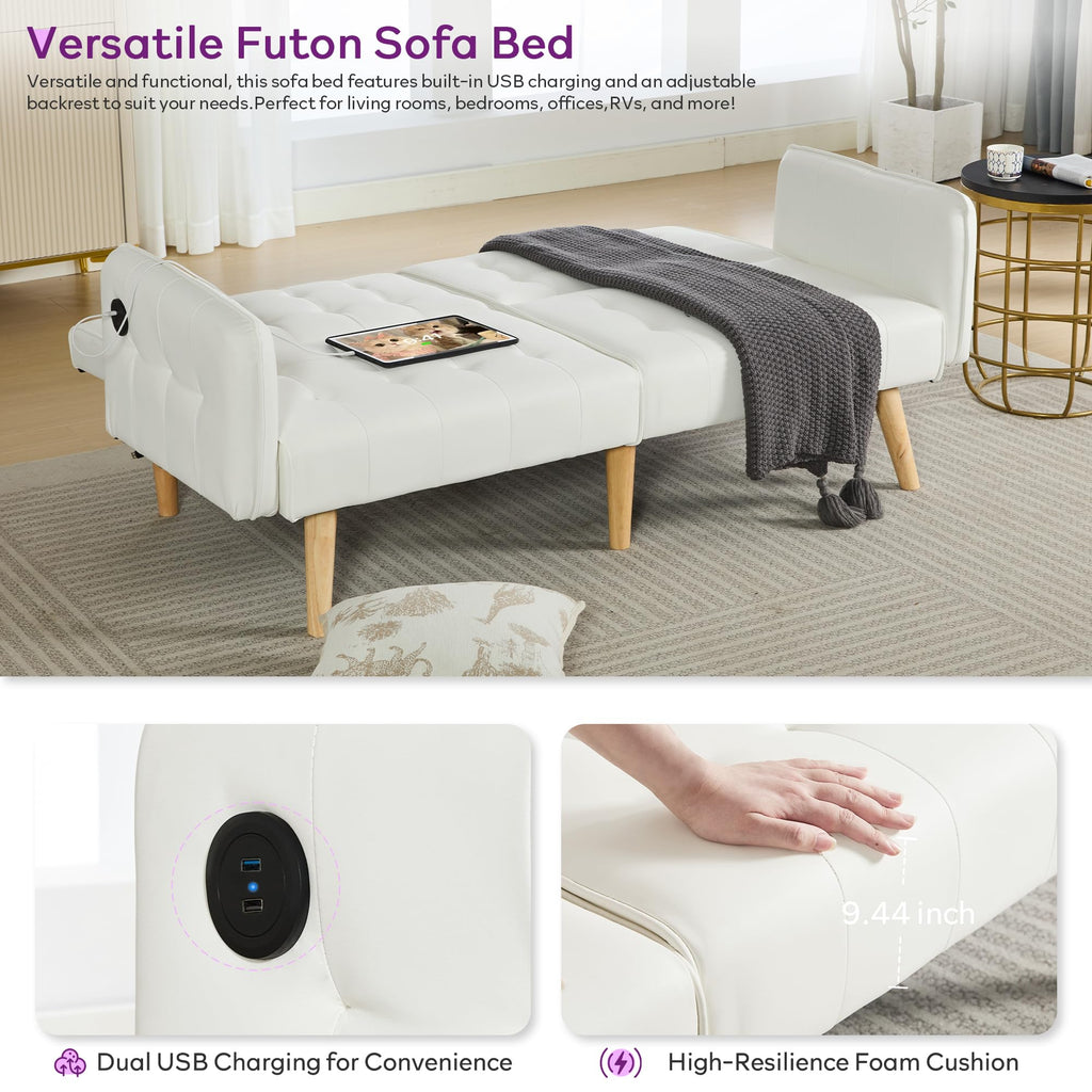 Modern White Faux Leather Upholstered Convertible USB Folding Futon Sofa Bed, 65" Couch, Love Seats Furniture for Small Space Configuration, Office, Apartment, Dorm, Living Room