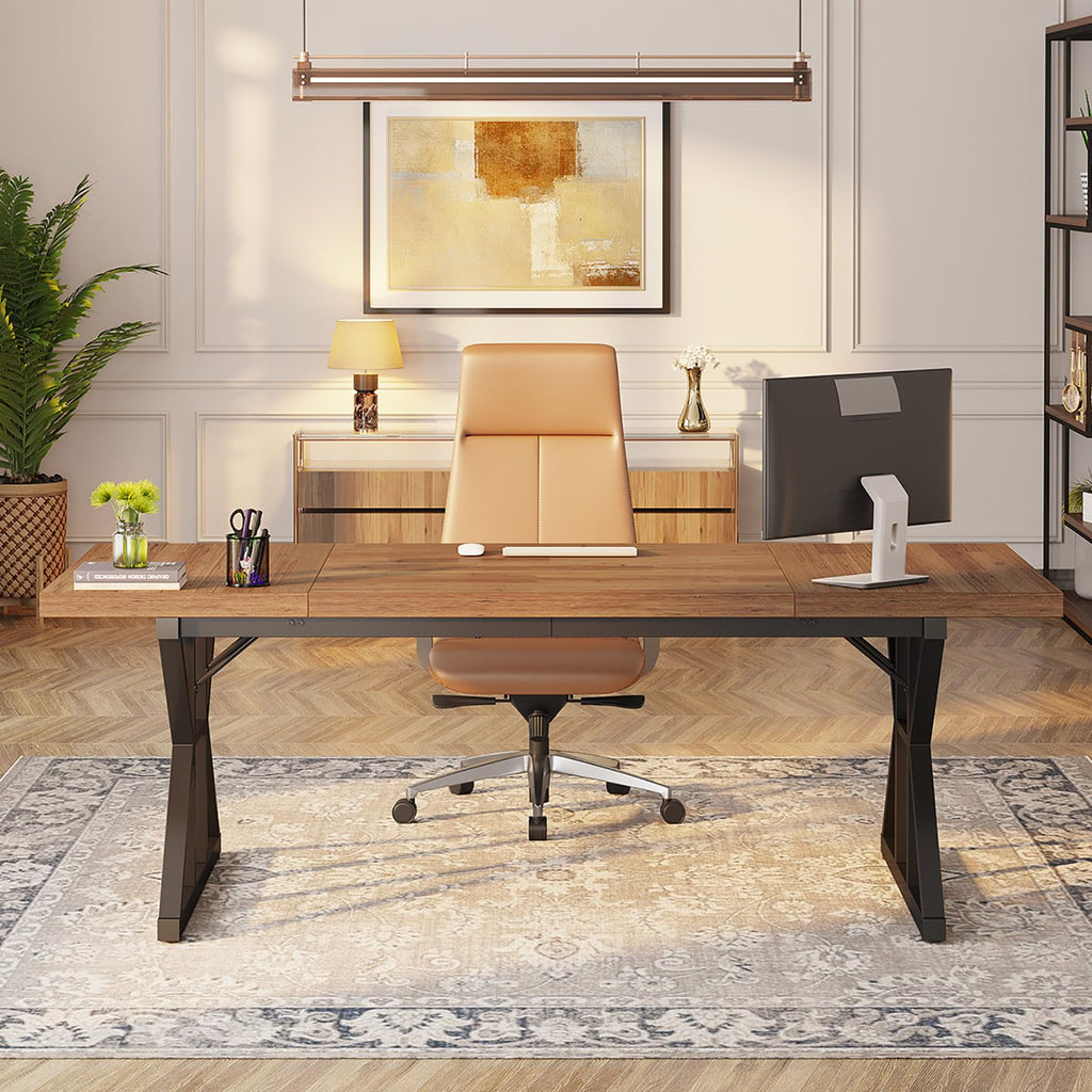 70.8-Inch Executive Desk, Large Computer Office Desk Workstation, Modern Simple Style Laptop Desk Study Writing Table Business Furniture for Home Office (Light Brown, 70.8 Inch)