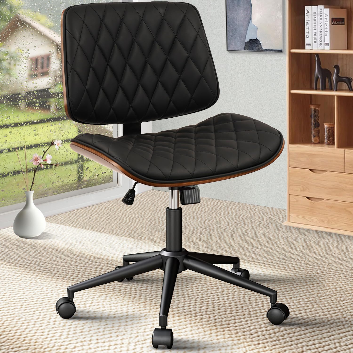 Home Office Desk Chair with Wheels, Adjustable Height Armless Office Chair, PU Leather Mid Back 360 Swivel Computer Chair, Modern Walnut Chair for Home, Meeting, Reading Room,Black(1 pk)