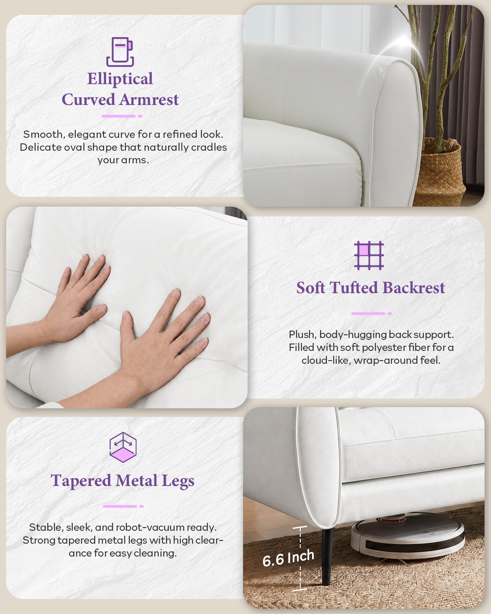 61" Loveseat Couches for Living Room, White Faux Leather Couch Mid Century Modern Tufted Mini Sofa Comfy Office 2 Seat Settee Love Seat Small Couches for Small Spaces Bedroom, White