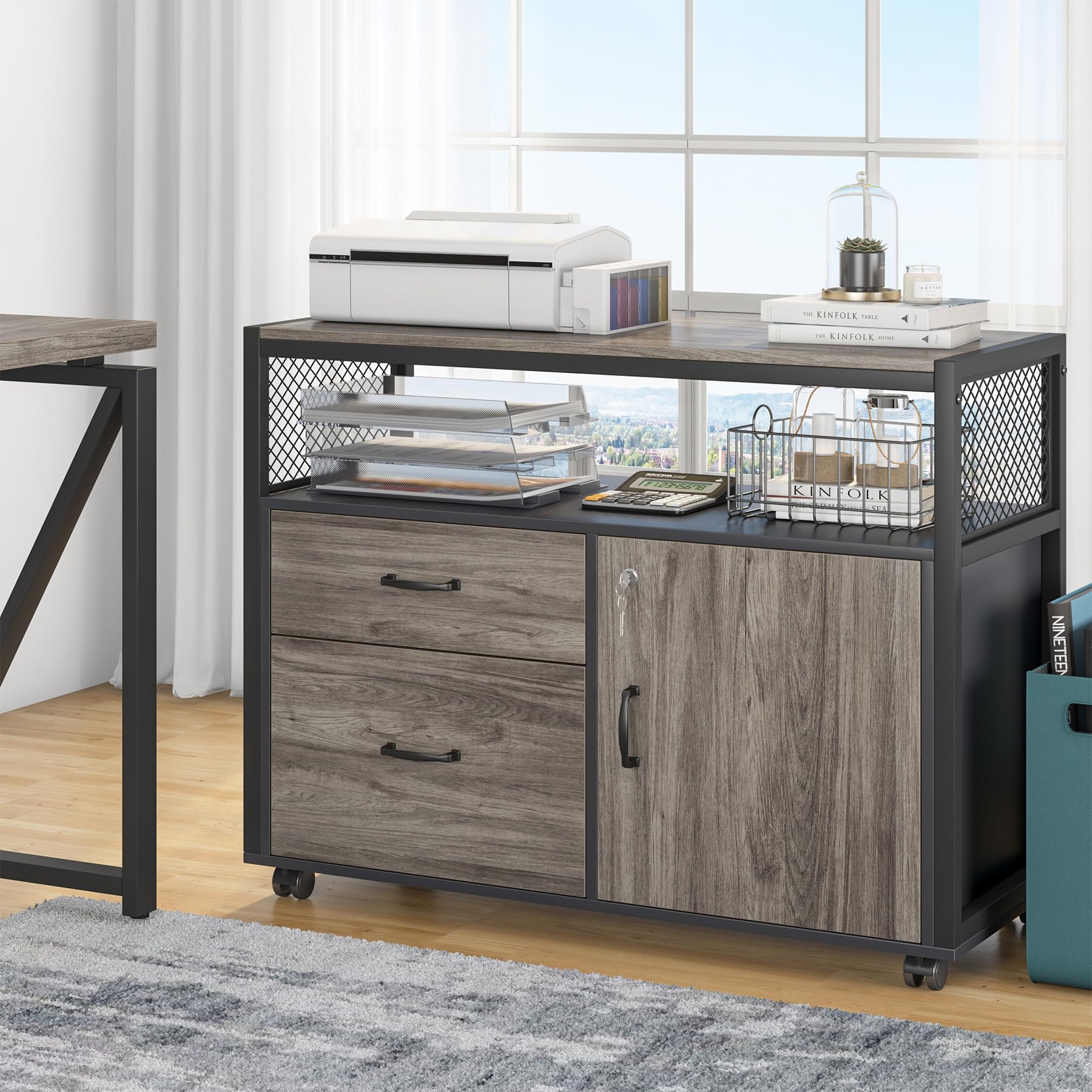 55" L Shaped Computer Desk and lateral File Cabinet with Locks, 2 Piece Home Office Furniture Set for Hanging