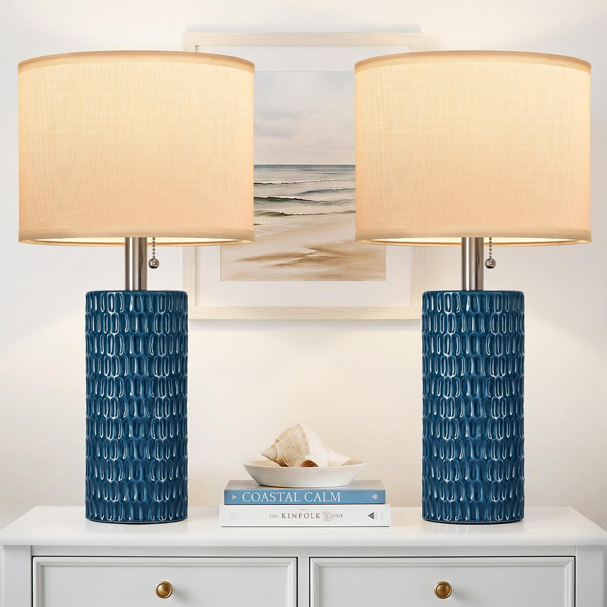 20” Modern Table Lamps Set of 2, Lamps for Bedroom, Blue