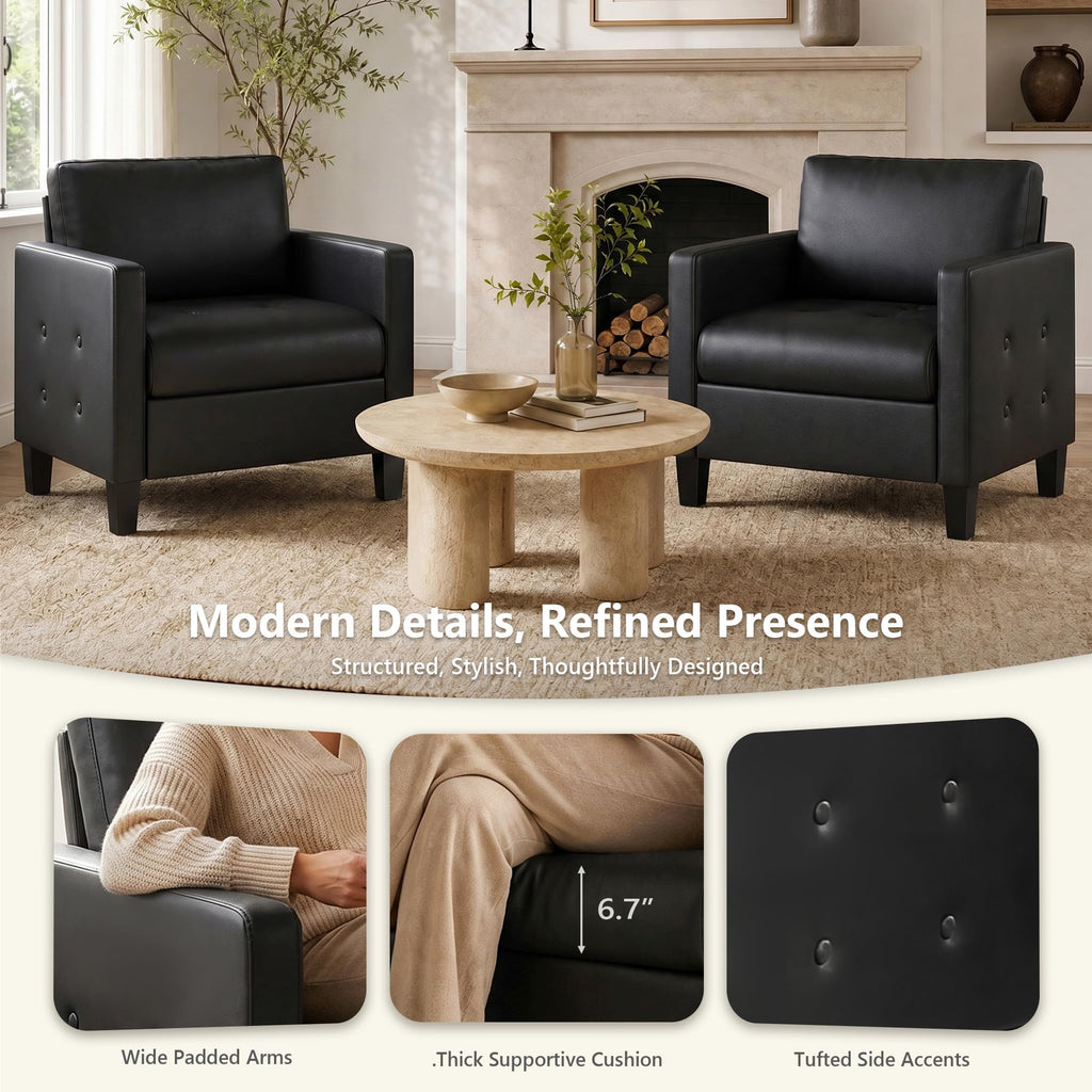 Accent Chair, Black Leather Chair, Mid-Century Modern Living Room Chairs, Cozy Office Reading Chair with Tufted Seat and Armrest, Reception Armchairs for Bedroom, Waiting Room