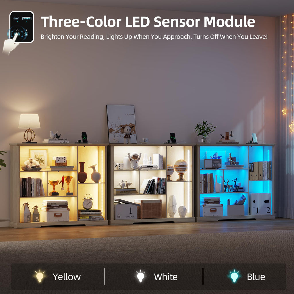 Adjustable LED Bookshelf with 3 Tiers and Motion Sensor - Natural Wood