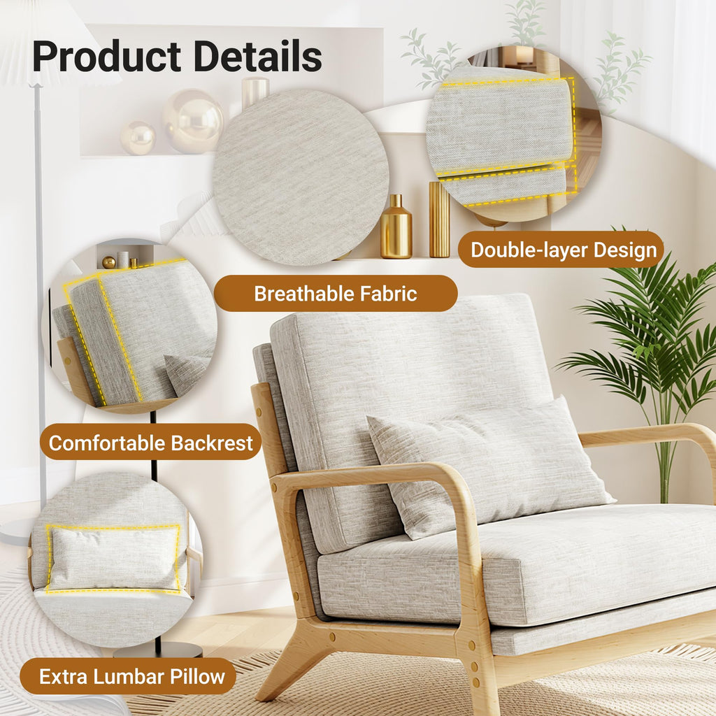 Mid-Century Modern Accent Chair, Armchair with Solid Wood Frame & Lumbar Pillow, Comfy Upholstered Lounge Chair for Office, Bedroom, Linen-Like Fabric, Light Gray