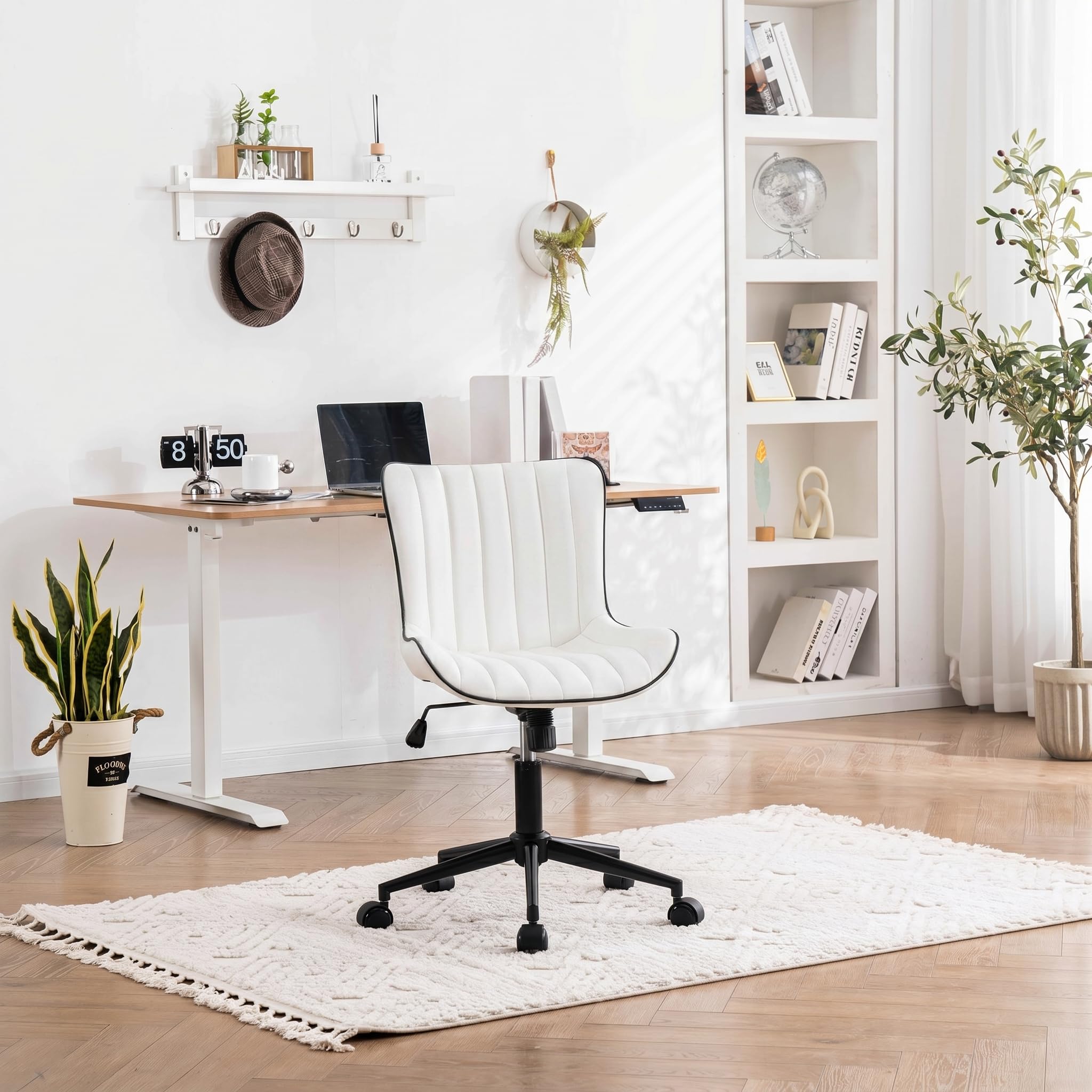 White Armless Office Chair Faux Leather Small Cute Desk Chair with 12° Rocking Back Adjustable Height Swivel Vanity Chair Ergonomic Compact Home Computer Rolling Task Chair for Small Spaces