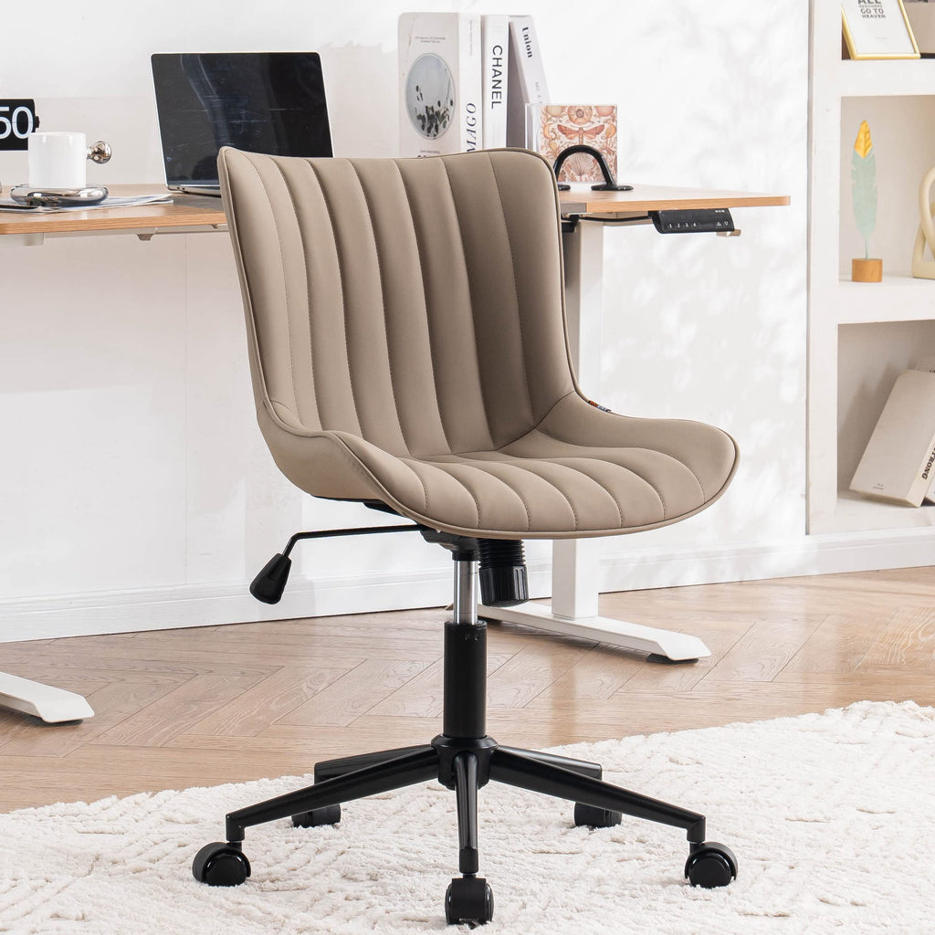 Khaki Comfy Home Office Desk Chair with Wheels Armless Vanity Chair with Back Ergonomic Modern Leather Upholstered Rolling Task Chair Small Cute Sewing Chair No Arms Wide Swivel Adjustable