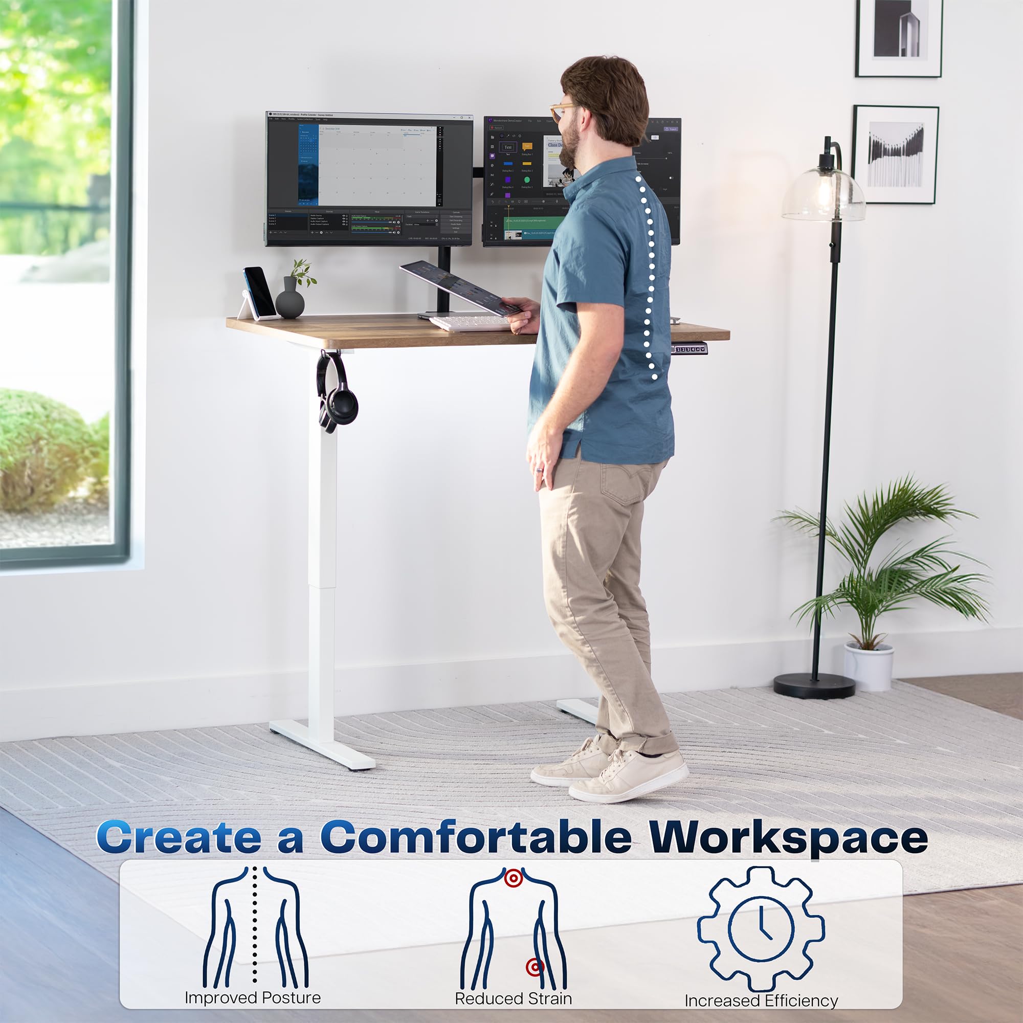 Electric 48 x 30 in Standing Desk, Memory Height Adjustment, 1B Series, Holds 220 lbs, One-Piece Reclaimed Wood Top, White Frame