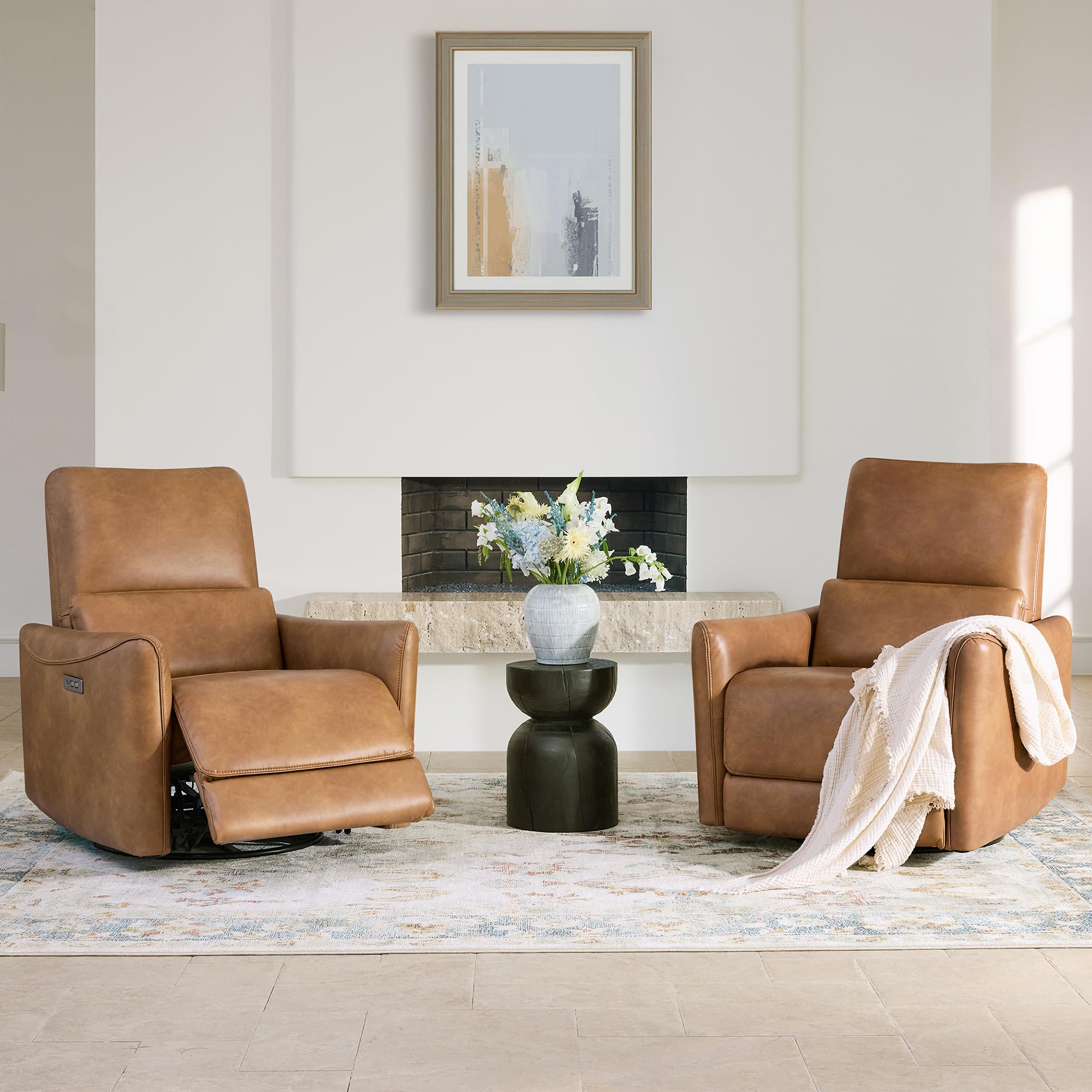 Oversized Power Recliner Chair Swivel Glider for Big and Tall, FSC Certified Faux Leather Living Room Nursery Rocking Chair with Lumbar Support, Cognac Brown