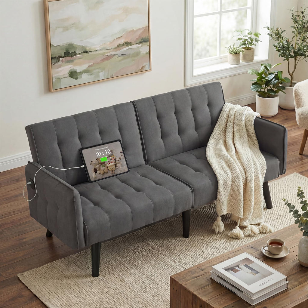 65“ Convertible Futon Sofa Bed w/ 2 USB, Upholstered Tufted Small Adjustable Folding Couch Loveseat, Modern Mid Century Sleeper Sofa for Office, Living Room, Bedroom, Apartment (Dark Grey)