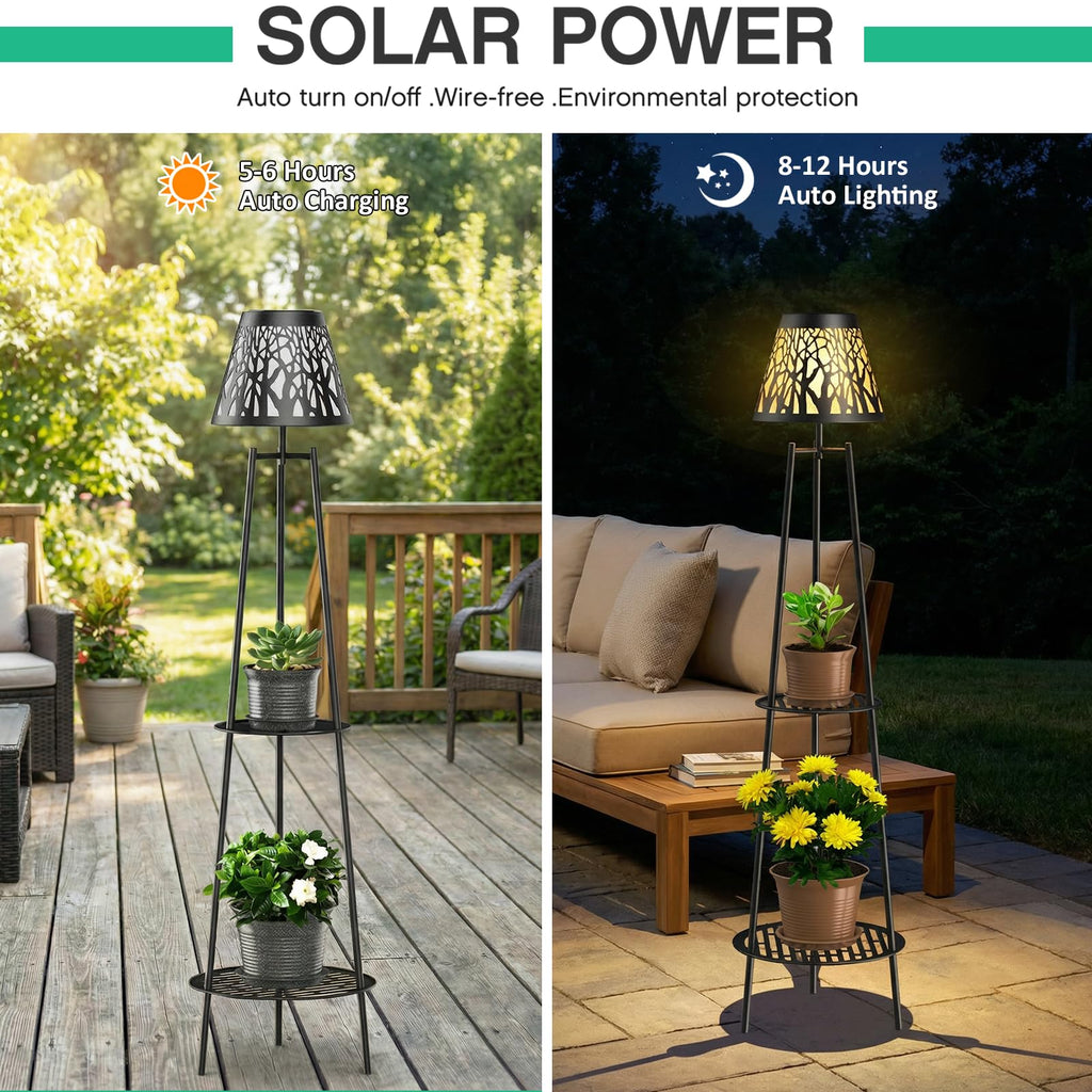 2 Pack Solar Floor Lamps Outdoor with 2-Tier Plant Stand, Metal Tall Planter Holder with Waterproof LED Lantern, Decorative Patio Light & Flower Pot Display Rack for Garden, Deck, Porch, Balcony