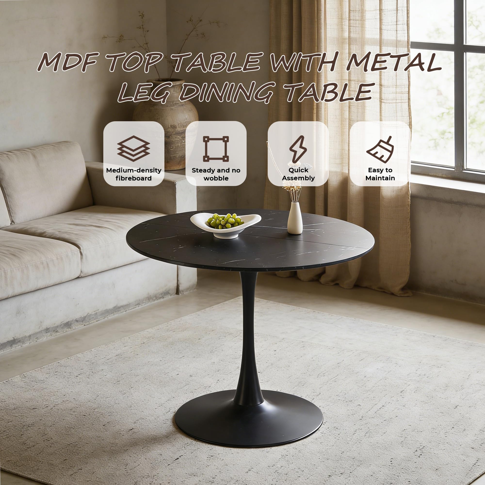 Sybrioka 42" Tulip Table for 4-6 Persons Modern Round Dining Table, Mid-Century Modern Black Marble Small Kitchen Table with MDF Wooden Top, Leisure Coffee Table for Living Room, Dining Room, Office