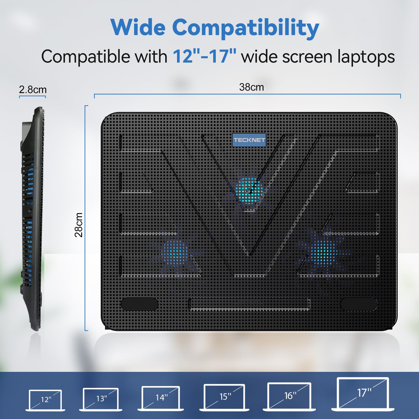 Laptop Cooling Pad, Portable Slim Quiet USB Powered Laptop Notebook Cooler Cooling Pad Stand Chill Mat with 3 Blue LED Fans, Fits 12-17 Inches (Black)