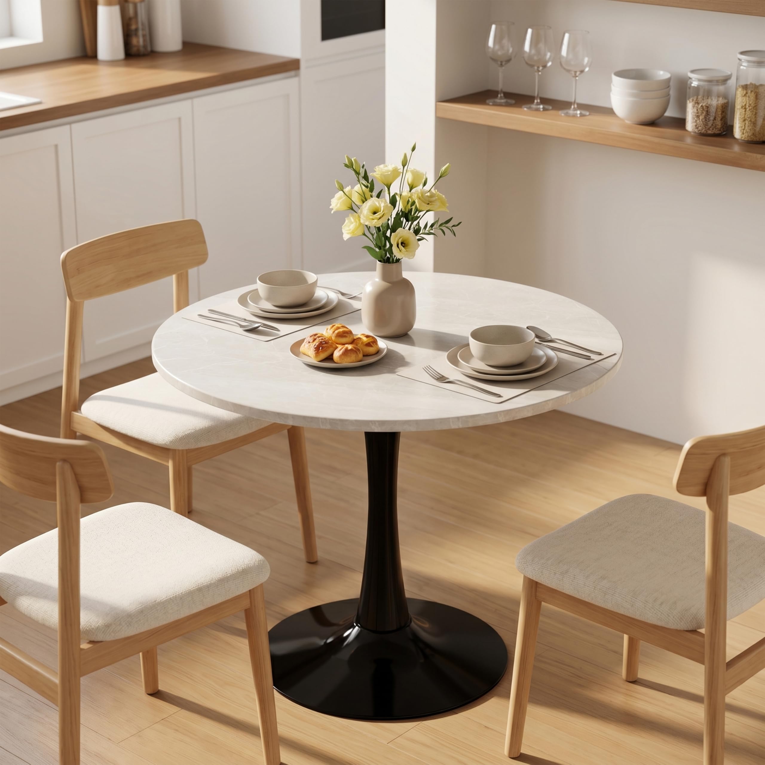 Sybrioka 27.6" Marble Round Tulip Table, Mid-Century Modern Style Dining Table with Black Pedestal Base for 2-4 People, Featuring A Marble Tabletop for Kitchen, Dining Room, Cafe (Grayish White)