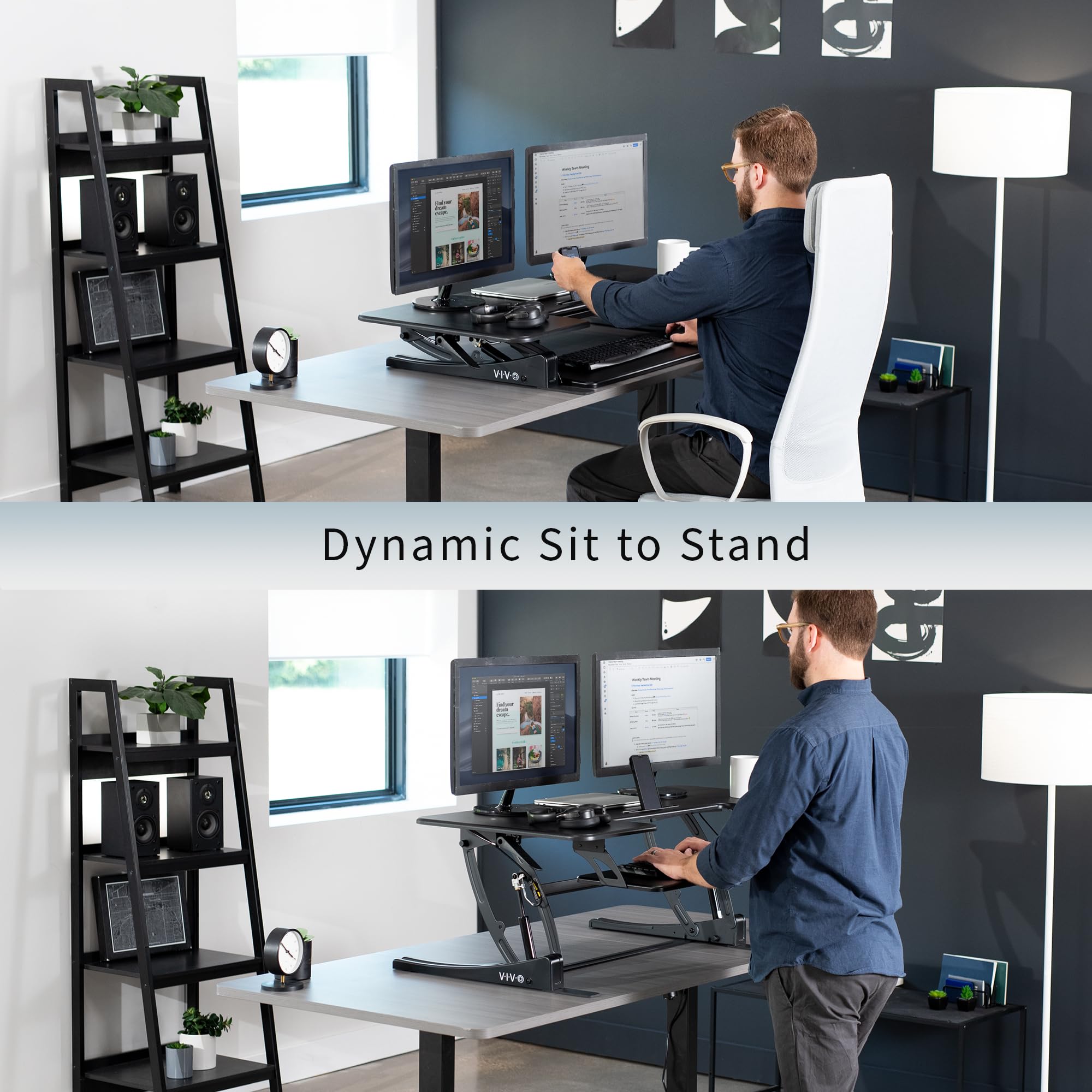 48 inch Height Adjustable Large Stand Up Desk Converter, V Series, Quick Sit to Stand Tabletop Dual Monitor Riser Workstation, Black