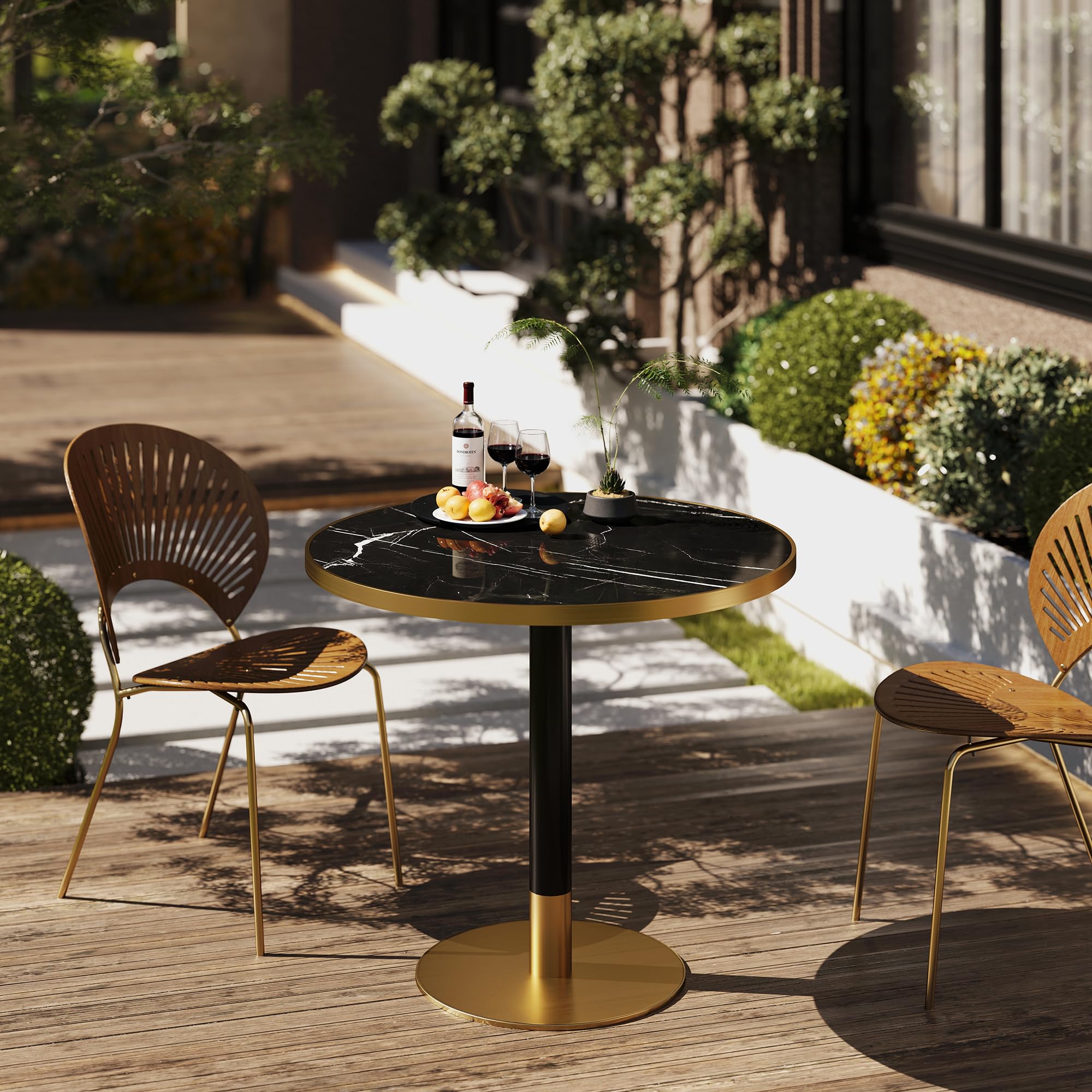 hausway 31.5" Tulip Table,Round Kitchen Dining Table for 2-4 with Thick Sintered Stone Top,Titanium Golden Pedestal Base,Heat-Resistant,Bistro Table for Dining Room,Café,Small Space（Inky Axis）