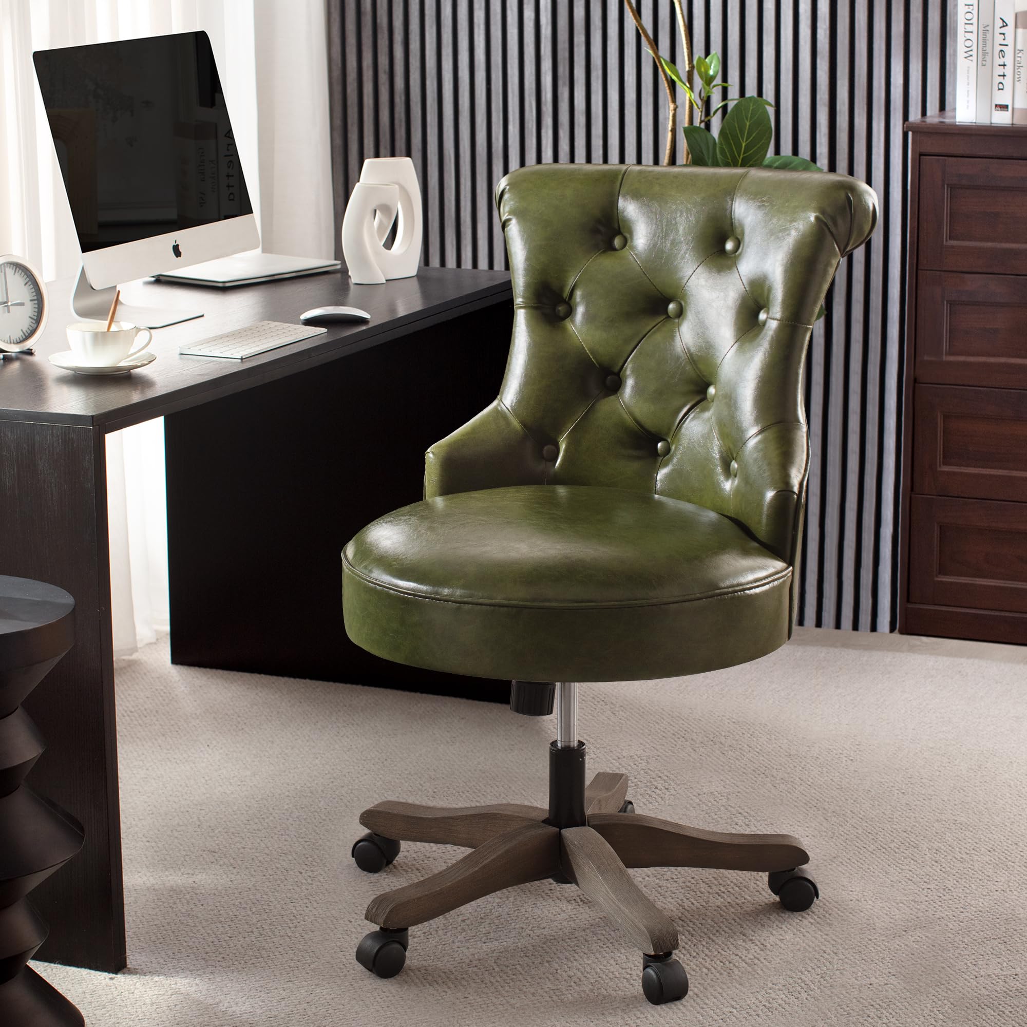 Home Office Chair Upholstered Armless PU Leather Desk Chair with Wheels Adjustable Height Computer Desk Chair with Wooden Legs Comfortable Swivel Chair for Study Studio (Dark Green)