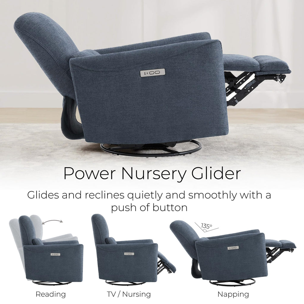 Power Recliner Chair Swivel Glider, FSC Certified Upholstered Fabric Living Room Nursery Reclining Sofa Chair with Lumbar Support, Ink Blue