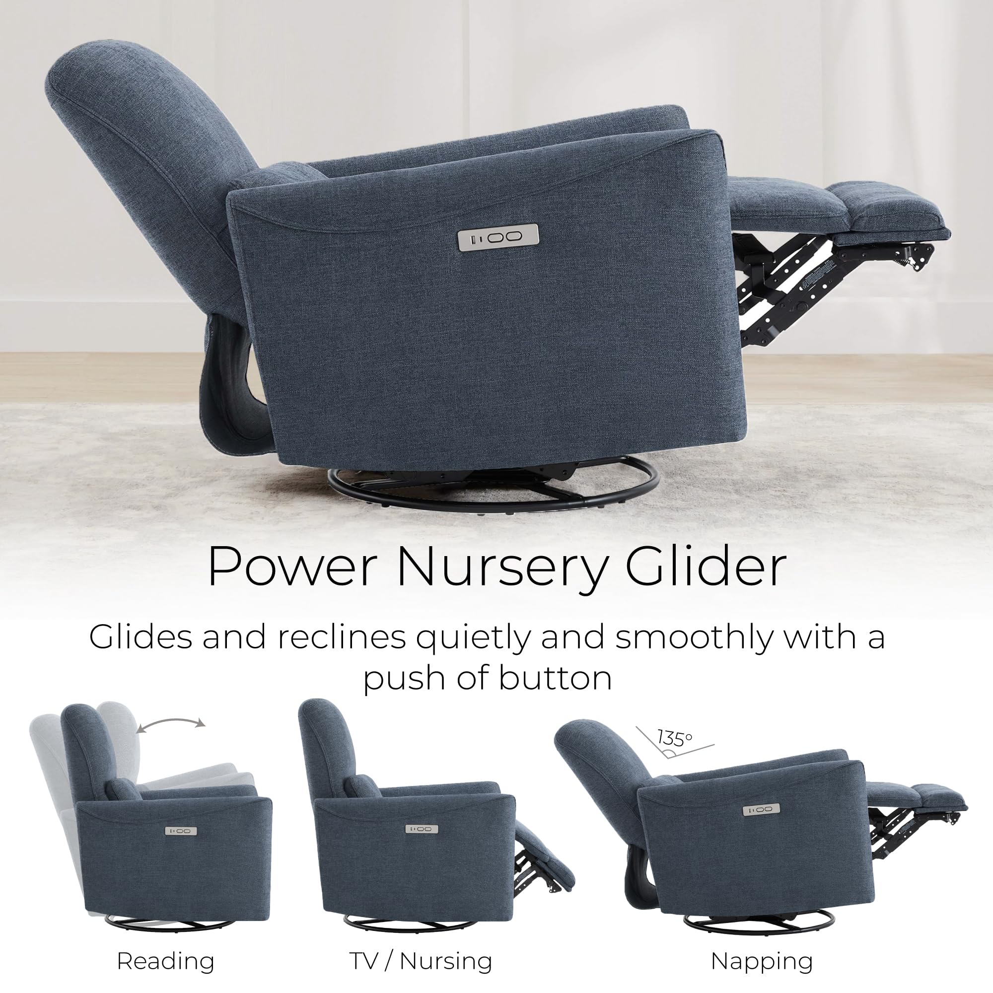 Power Recliner Chair Swivel Glider, FSC Certified Upholstered Fabric Living Room Nursery Reclining Sofa Chair with Lumbar Support, Ink Blue