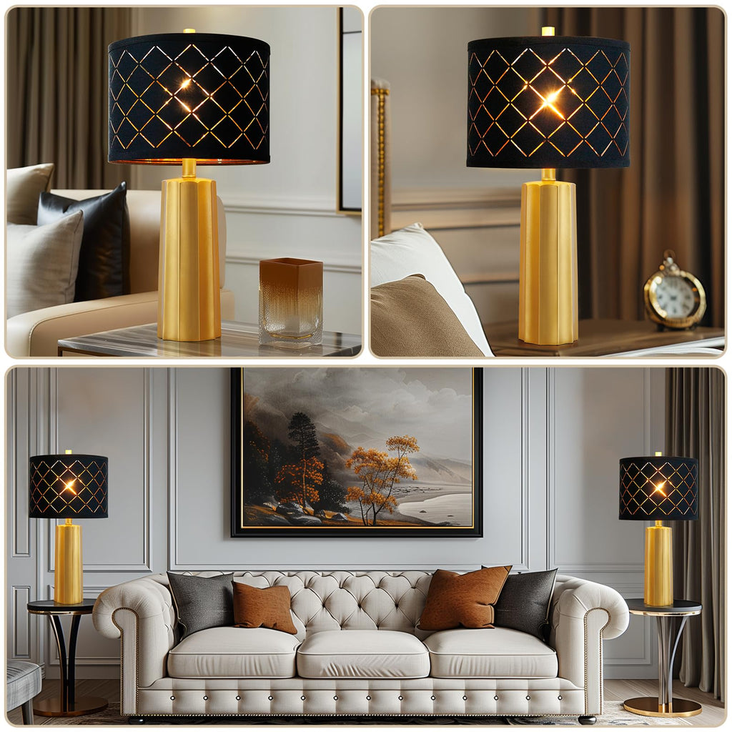 Set of 2 Modern Table Lamps for Living Room Bedroom, Gold Nightstand Resin Lamps with Black Grid Shade, Contemporary Desk Lamps for Bedside End Tables, 2 Bulbs Included (Gold)