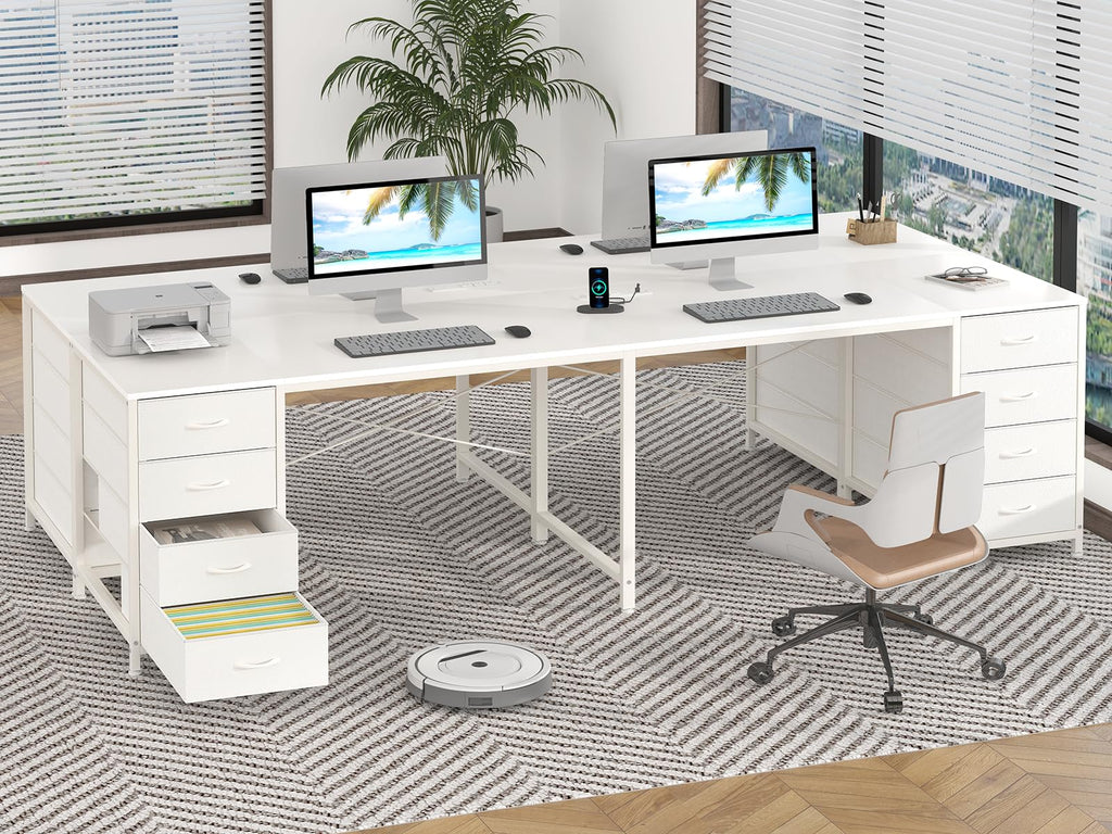 95'' Two Person Desk with 8 Drawers, Long Computer Desk with Charging Station, 2 Person Desks Double Desk Writing Study Table for Home Office, White