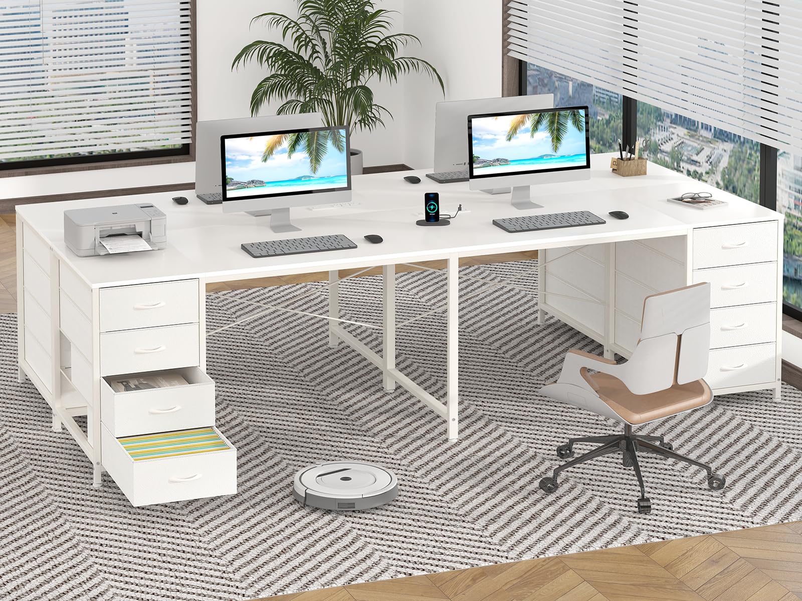 95'' Two Person Desk with 8 Drawers, Long Computer Desk with Charging Station, 2 Person Desks Double Desk Writing Study Table for Home Office, White
