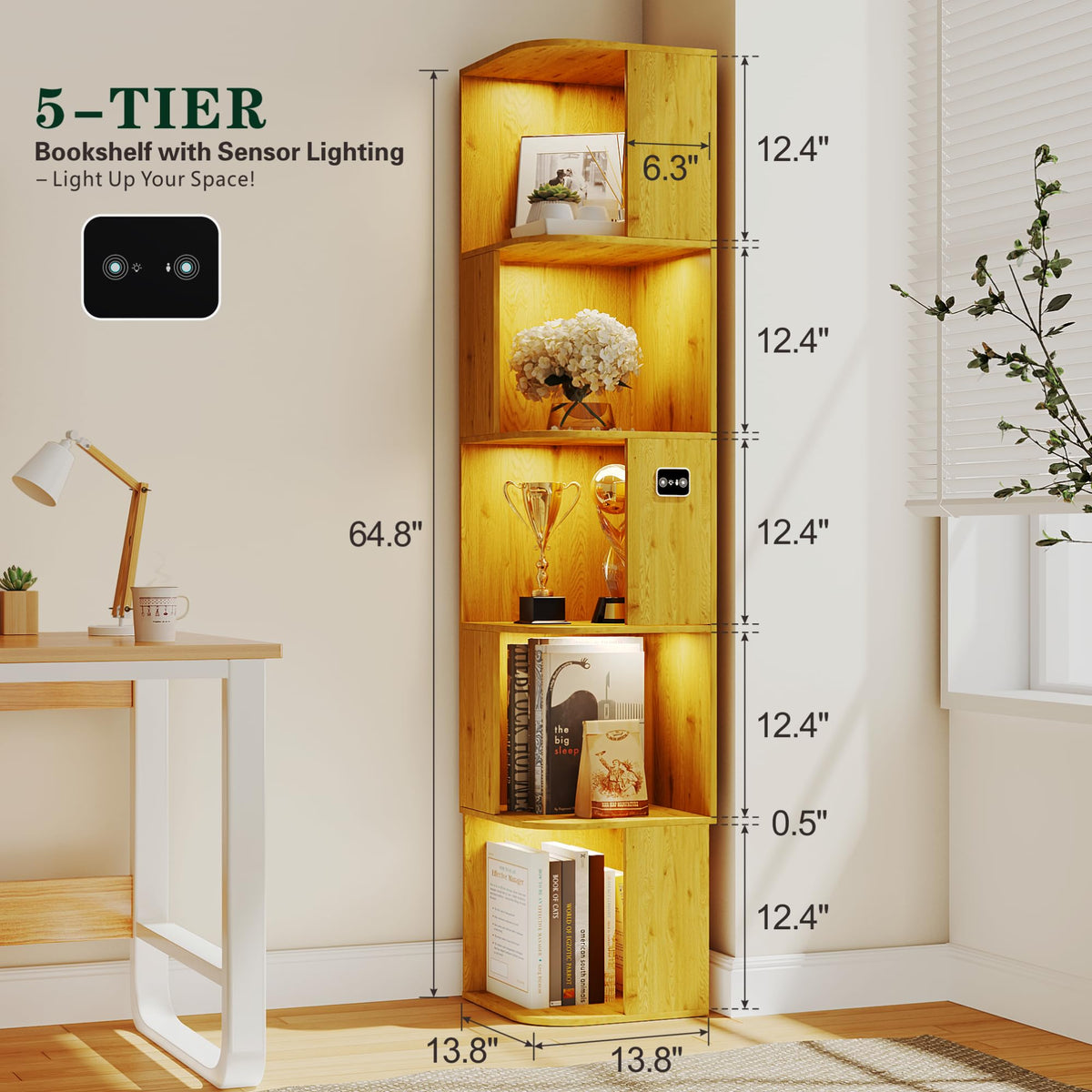 Corner Bookcase with 5 Shelves and 3-Color LED Sensor Lights - Wood