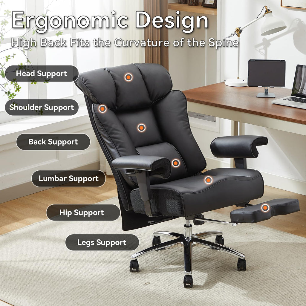 Big and Tall Office Chair with Footrest, 450lbs High Back Executive Chair with Spring Cushion, PU Leather Upholstery, Padded Armrests, Swivel Base, and Rolling Wheels – Black Computer Chair
