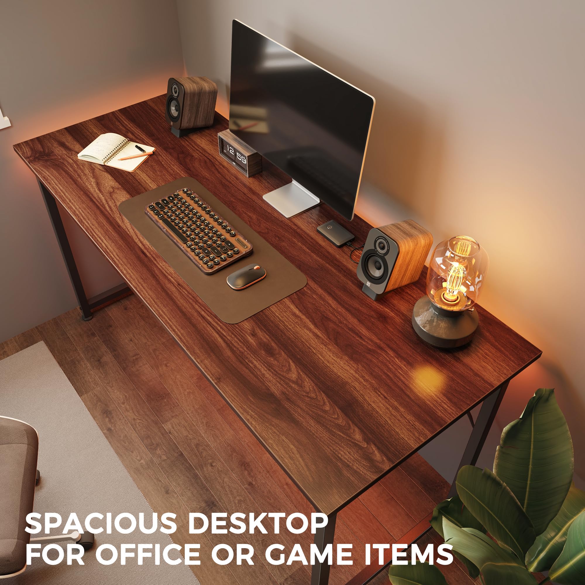 Computer Desk, 48 Inch Office Desk, Gaming Desk with Storage, Writing Desk Work Desk for Home Office, Study, Modern Simple Desk, Large Legroom, Metal Frame, Walnut