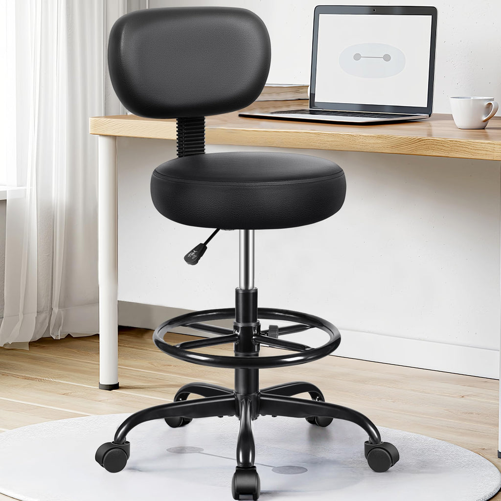 Pack of 2, Drafting Chair with Backrest – Adjustable Foot Rest Rolling Stool with Wheels, PU Leather Swivel Stool for Office Spa Studio Lab Counter Salon Home Work Bar Kitchen Shop(Black)