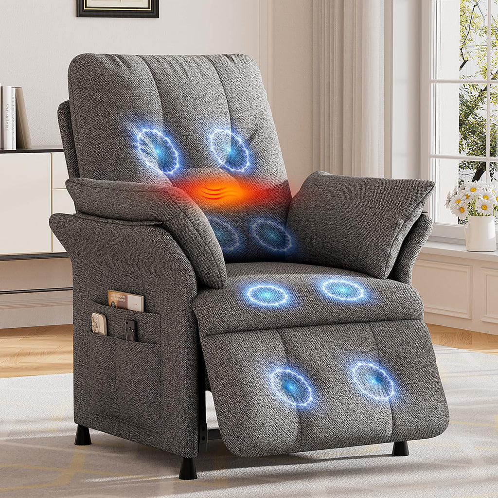 Power Recliner Chair for Adults with Heat & Massage - Linen Electric Reclining Sofa with Remote Control, 3 Side Pockets, 180° Lay Sleeper for Living Room Home Theater, Light Grey