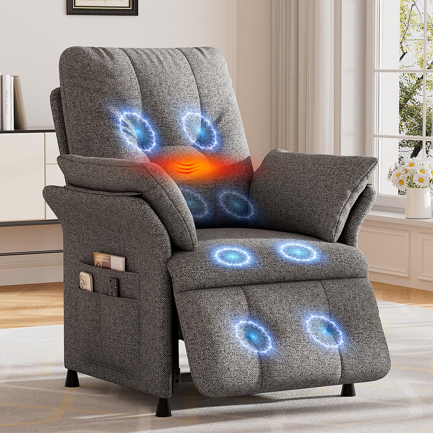 Power Recliner Chair for Adults with Heat & Massage - Linen Electric Reclining Sofa with Remote Control, 3 Side Pockets, 180° Lay Sleeper for Living Room Home Theater, Light Grey