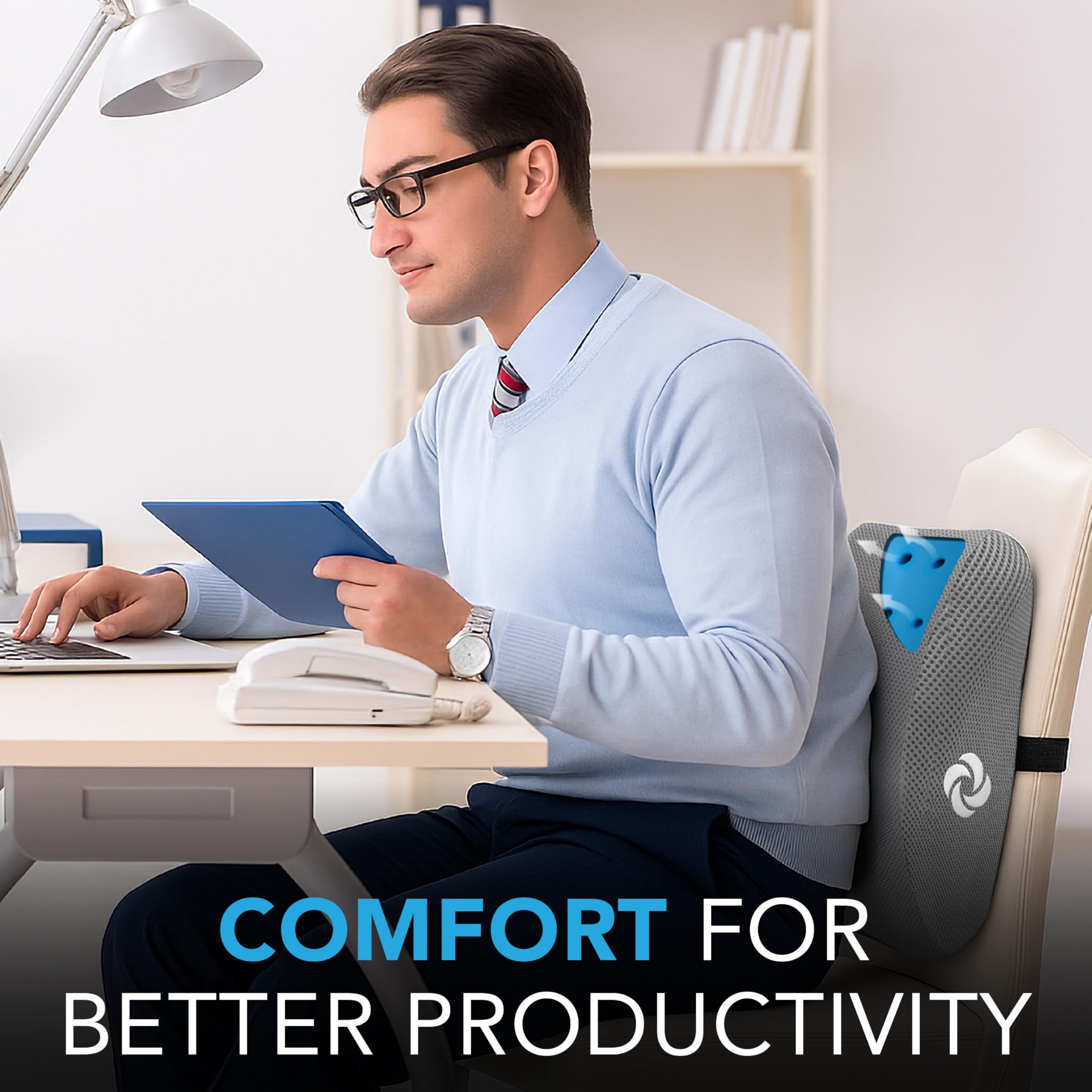 Memory Foam Lumbar Support Pillow for Office Chair, Gaming Chair, or Car-Ergonomic Back Cushion-Home Essentials for Sitting Comfort and Posture Relief Back Support with Cooling Gel, Grey